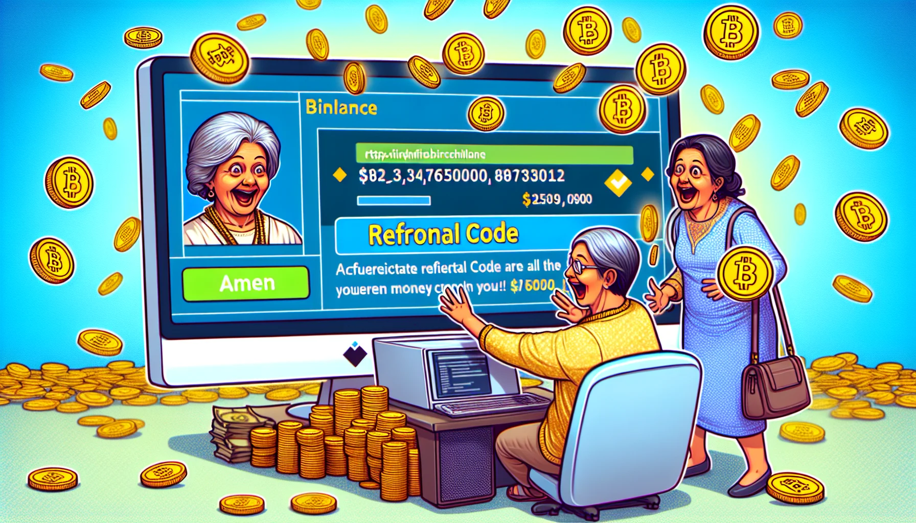 Create an amusing and realistic image featuring a representation of a cryptocurrency affiliate program, like the idea of Binance. Illustrate a compelling scene related to earning money online. Perhaps show an individual excitedly watching their computer as digital coins overflow from the screen, symbolising potential earnings. Add an actual referral code somewhere in the picture as a quirky detail, making it seem like the code is the key to all this digital wealth. The person could be a middle-aged South Asian woman, adding diversity to the image.