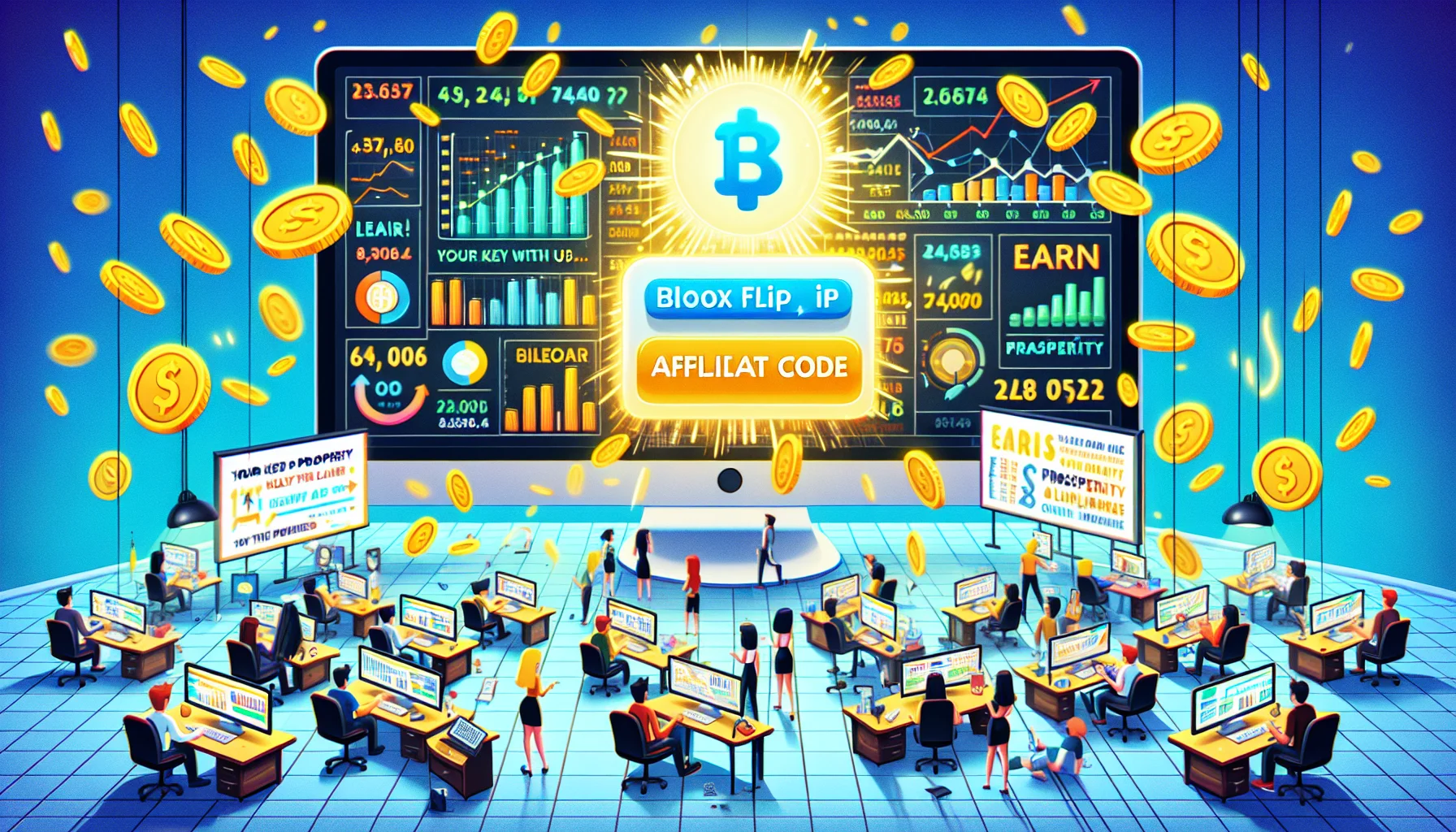 Imagine a cartoon-like scene set in a bustling virtual office space. Employees are in diligent action, some behind computer screens displaying graphs and charts, some discussing numbers on big whiteboards. In the center, a gigantic computer monitor screen, with the keyword 'Bloxflip Affiliate Code' brightly shining on it. Virtual coins are seen flowing out of the screen depicting online earning. Slogans like 'Earn with us', 'Your key to prosperity', are on office banners in zany, creative fonts making the scenario enticing. This image represents the exciting opportunities of making money online.