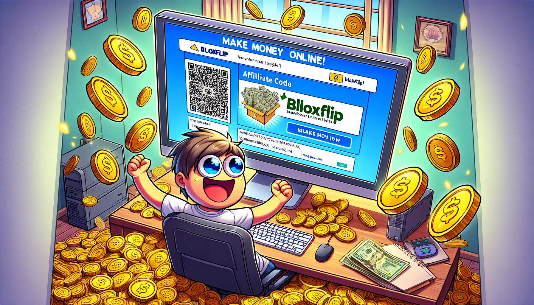 Generate an amusing, realistic image of a scene revolving around making money online. For context, center the image around an individual feeling excited as they discover multiple 'bloxflip' codes on their computer screen. Illustrate piles of virtual coins, indicating wealth, on the sides of the screen to signify the prospect of making online income. Create a setting suggestive of a home office, showing a desk with a computer and other everyday objects, thus grounding the image in reality. Make sure the affiliate codes are prominently displayed on the computer.