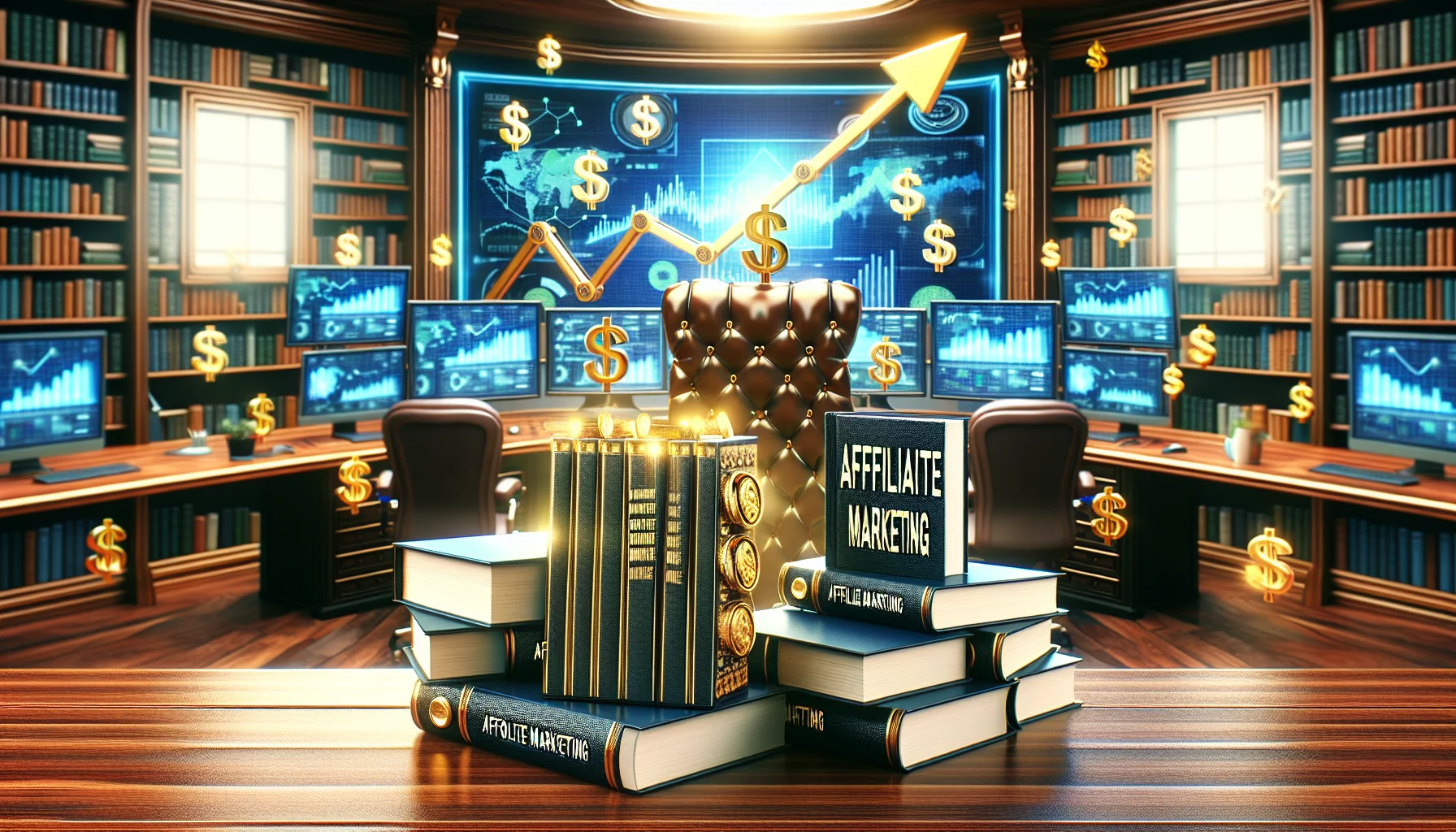 Create a humorous and realistic depiction of books about affiliate marketing. The books are prominently displayed in a setting related to making money online. The view brings us to an ornately designed virtual office space filled with high-tech computer setups and screen displays showing ascending graphs. The books are conspicuously arranged on a shining mahogany desk, enticing any viewer with their potential for wealth. Cheery, golden dollar signs are floating amusingly around the room, signifying the potential monetary rewards promised by these books.