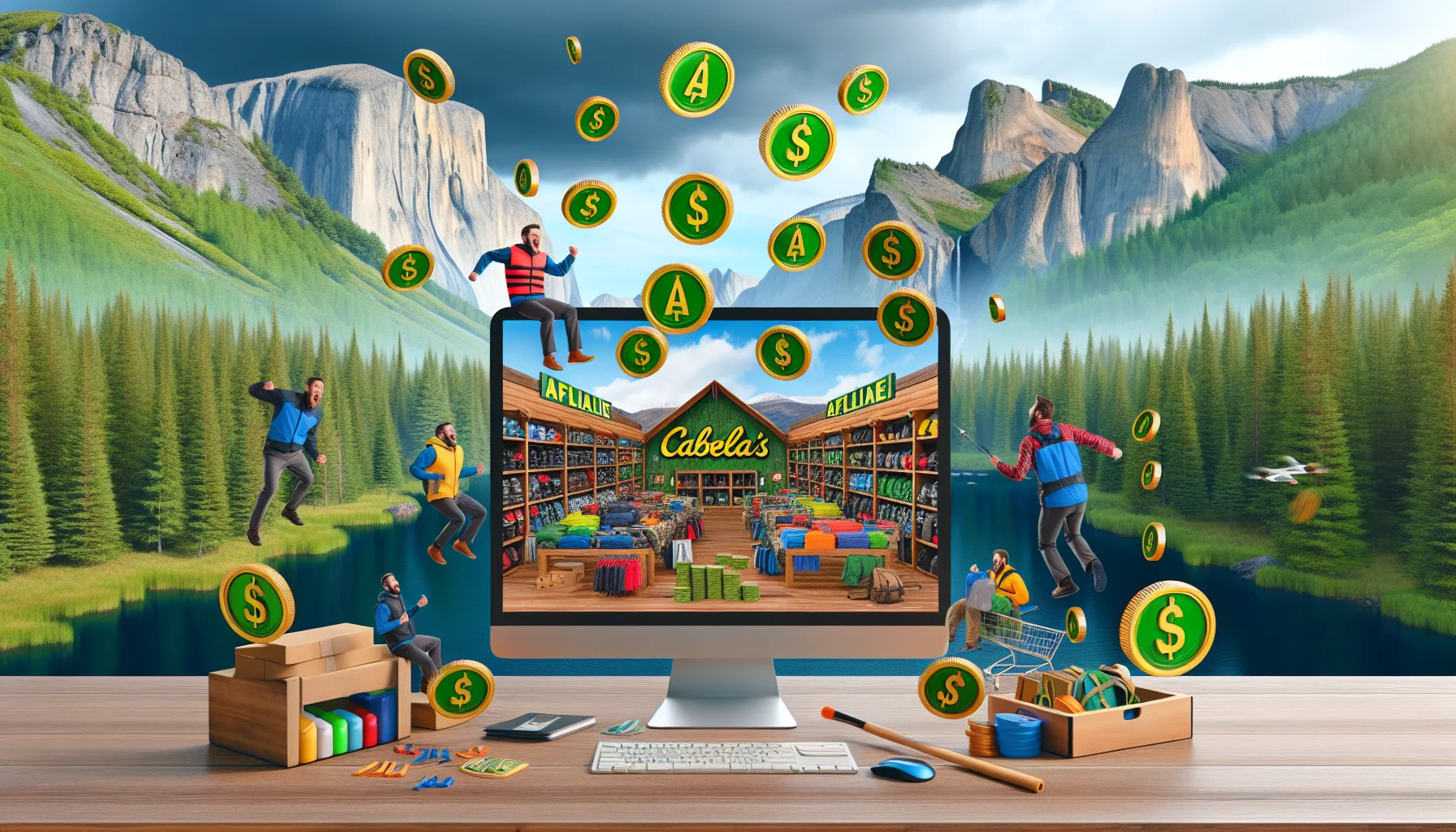 An engaging and humorous scene encapsulating the Cabela's affiliate program. Imagine a virtual marketplace filled with Cabela's outdoor products amid a backdrop of lush forests and pristine mountains. Affiliates excitedly showing off their digital commissions in the form of vibrant coins dropping from a computer screen onto a desk. The scene should highlight the connection between nature, outdoor activities, e-commerce, and earning possibilities online.