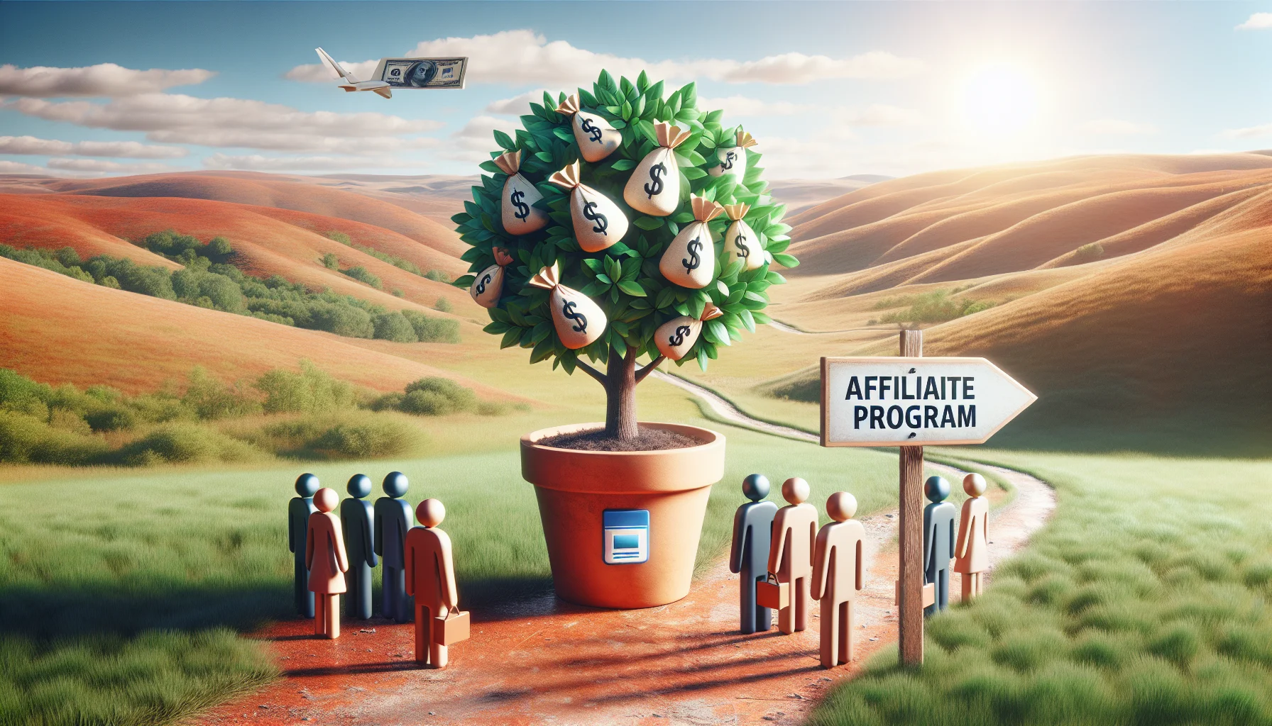A humorous yet realistic scene depicting an affiliate marketing program, represented by a metaphorical money tree growing in a pot with an internet browser icon on it. The tree is bearing fruit that are dollar bills, indicating the potential of earning money online. Grounded in nature, is an alluring countryside backdrop with lush, rolling hills under a sunny sky. A minimalistic signpost with the words 'Affiliate Program' is pointing towards the money tree, attracting a diverse crowd of individual, each represented with a different descent and gender, who seem intrigued and excited.