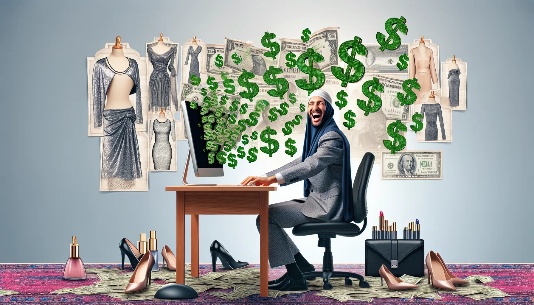 Create a humor-filled, realistic image that represents a hypothetical affiliate program for a high-end fashion brand. Showcase the enticing opportunity of earning money online. This scene could include a person of Middle Eastern descent sitting at a computer with dollar signs popping out of the screen. The person is laughing joyfully as more and more dollar symbols whizz out from the monitor. Behind the person serve symbolic representations of fashion, such as haute couture dress sketches, elegant high heels, and perfume bottles, implying the nature of the hypothetical affiliate program. Remember to maintain the sense of realism.