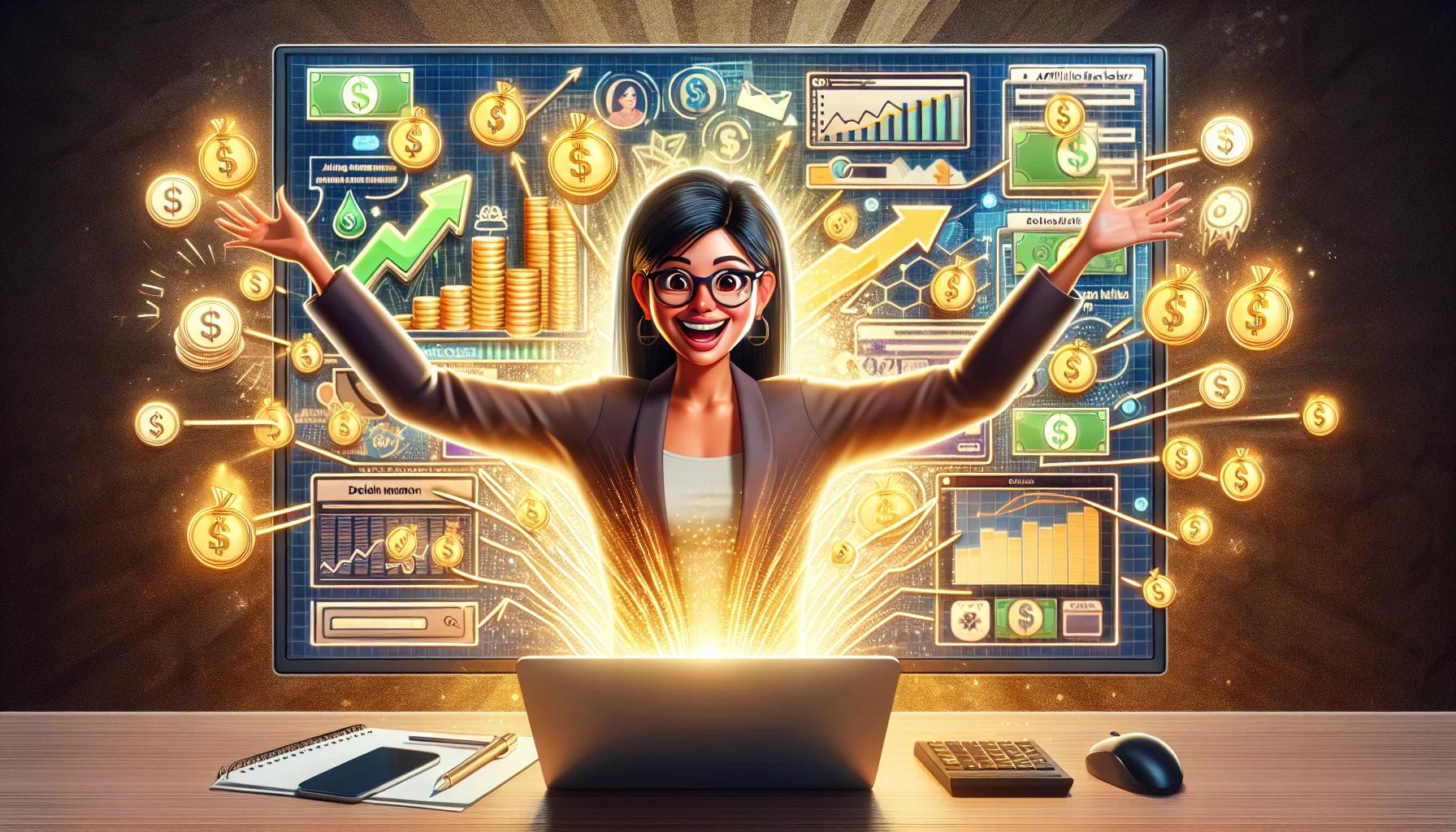 Generate a humorous and realistic image where a character named 'Chelsea', who is an affiliate marketer, is seen in an engaging scenario. She is a South Asian woman, enthusiastically demonstrating various strategies on a large screen for earning money online. She's surrounded by symbolic elements like dollar sign icons, arrows showing upward trends, digital graphs, and website screenshots. A golden glow surrounds her, symbolizing the potential wealth that can be earned through smart online ventures.