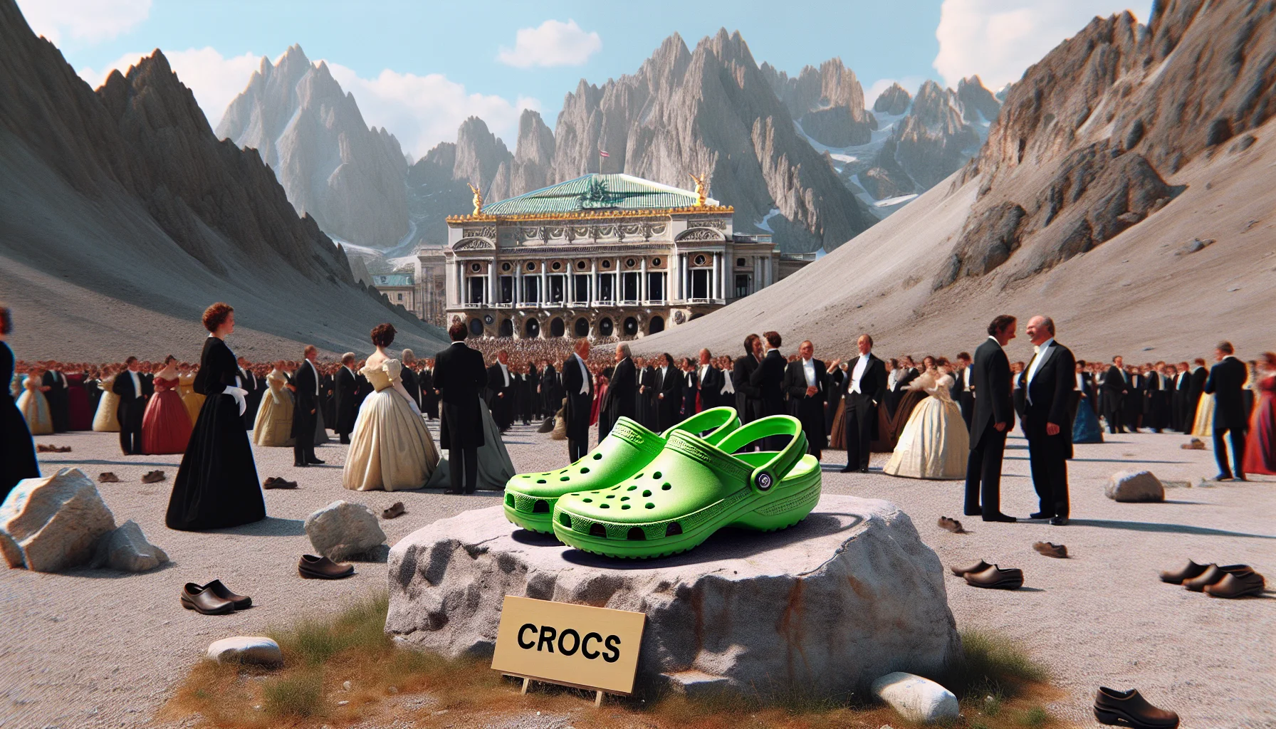 Generate a humorous, realistic image where a pair of neon green crocs shoes are oddly out of place. Perhaps they're perched on a mountain top amongst a field of solemnly grim, rocky peaks or floating in the heart of a formal grand opera house party, eliciting laughter and curiosity among a crowd of elegantly dressed people. The signboard nearby reads 'Crocs', humorously implying an unexpected product placement.