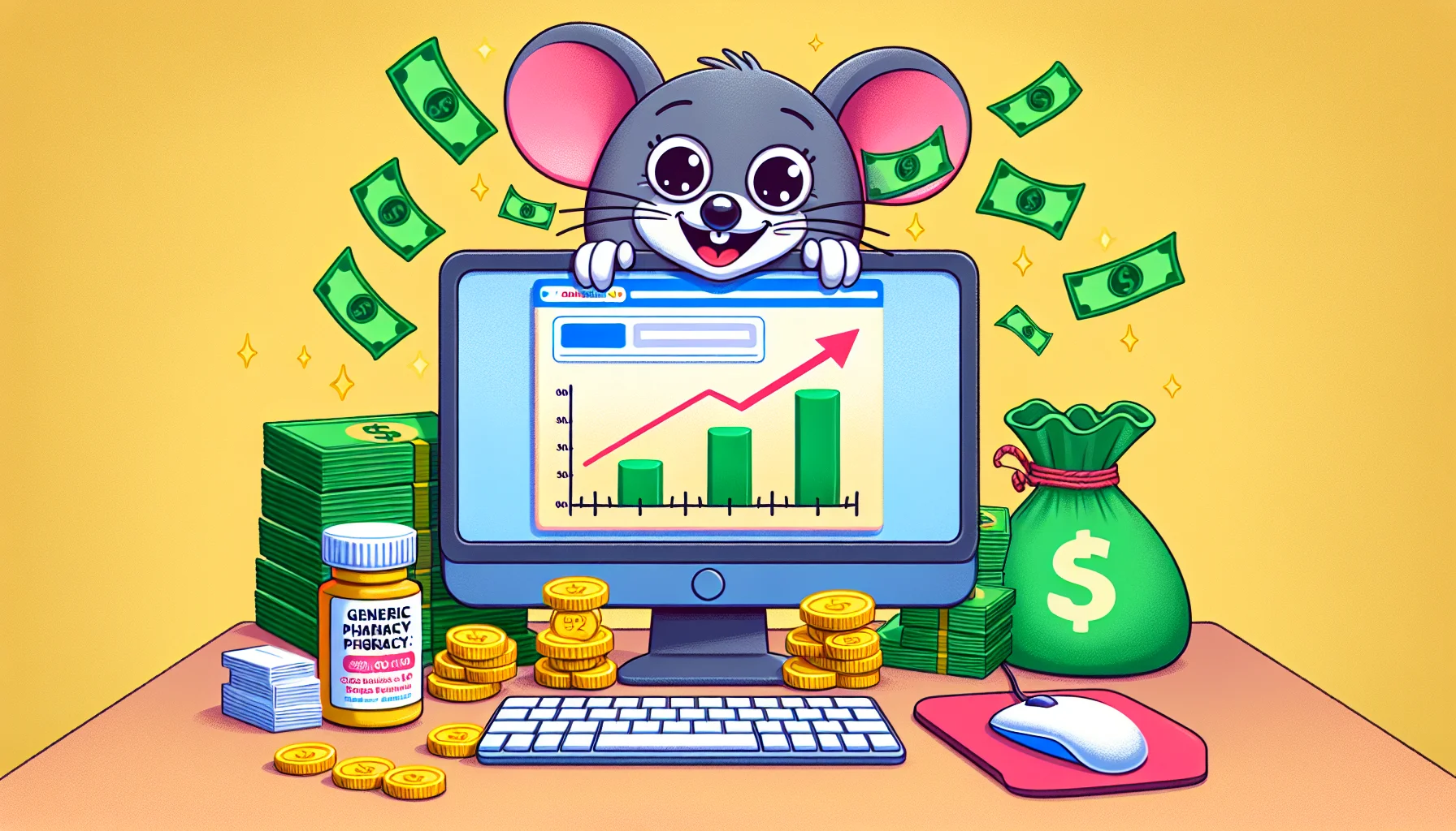 Illustrate an engaging and humorous scene related to an online affiliate program with a generic pharmacy retail chain. Picture this: A computer screen showing an increase in income on a graph chart. On the desk next to the computer, piles of dollar bills and coins. There's also an oversized mouse with googly eyes conveying a fun vibe from the internet shopping world. To add a twist of humor, imagine the computer screen has a big nose and a smile, alive with excitement as it watches the graph rise high. All this implies the potential prosperity one could achieve through online affiliate earnings.