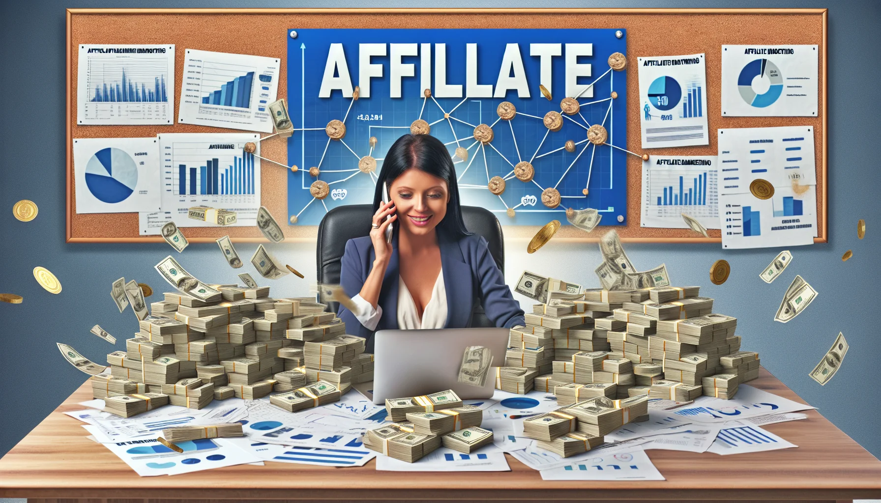 Create a humorous and realistic image. Picture a well-dressed businesswoman, of Hispanic descent, sitting behind a desk piled with papers, charts, and graphs, all denoting growth in income. A computer screen showing increasing online sales graphs is prominently displayed on her desk. A big bright blue sign spelling 'Affiliate Marketing' hangs on the wall behind her. She is multitasking, answering calls and typing on her laptop while managing multiple stacks of dollar bills. A layout of the affiliate network, depicted as a web, connects various online money-making sources sprinkling golden coins, indicating a steady income stream.
