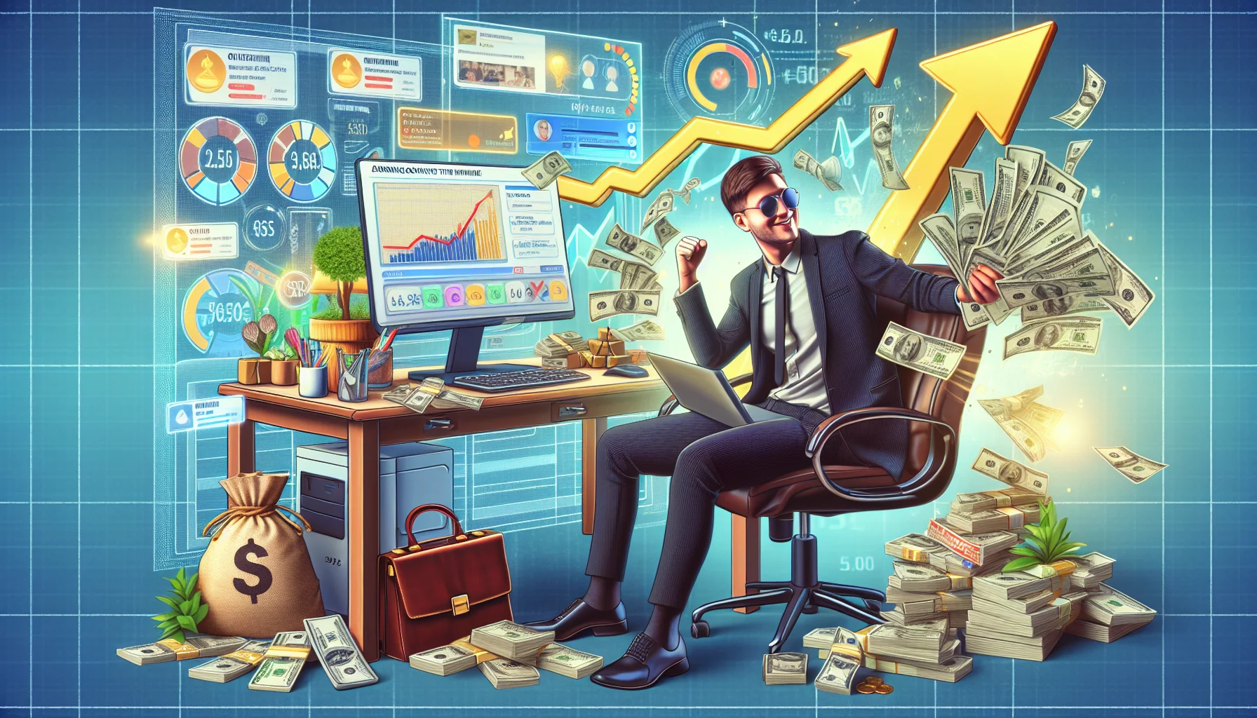 Generate a humorous and realistic image showcasing an online affiliate in an enticing scenario related to earning money over the internet. The affiliate can be represented as a person sitting in front of a computer station adorned with money and luxury items, showing the success of their online revenue stream. Add elements such as a growing progress bar, vibrant infographics and an incoming stream of notifications to show the ongoing increase in earnings. Make the overall ambiance feel positive, light-hearted and attractive, illustrating the exciting potential of online income.