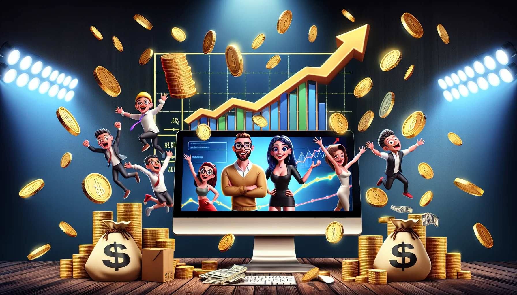 Imagine an amusing and realistic scenario illustrating an affiliate program similar to those run by notable online marketplaces. The scene unfolds within the digital world, encapsulating the potential of online earnings. Picture a computer screen displaying lively growth charts and rising arrows, symbolizing the growth in income. Beside the screen, stacks of gold coins shimmer, epitomizing the financial rewards of affiliate marketing. Meanwhile, a couple of animated characters, a Middle-Eastern woman and a Hispanic man, potrayed as little tech wizards, dance around in excitement, their joyful faces reflecting the enticing possibilities of making money online.