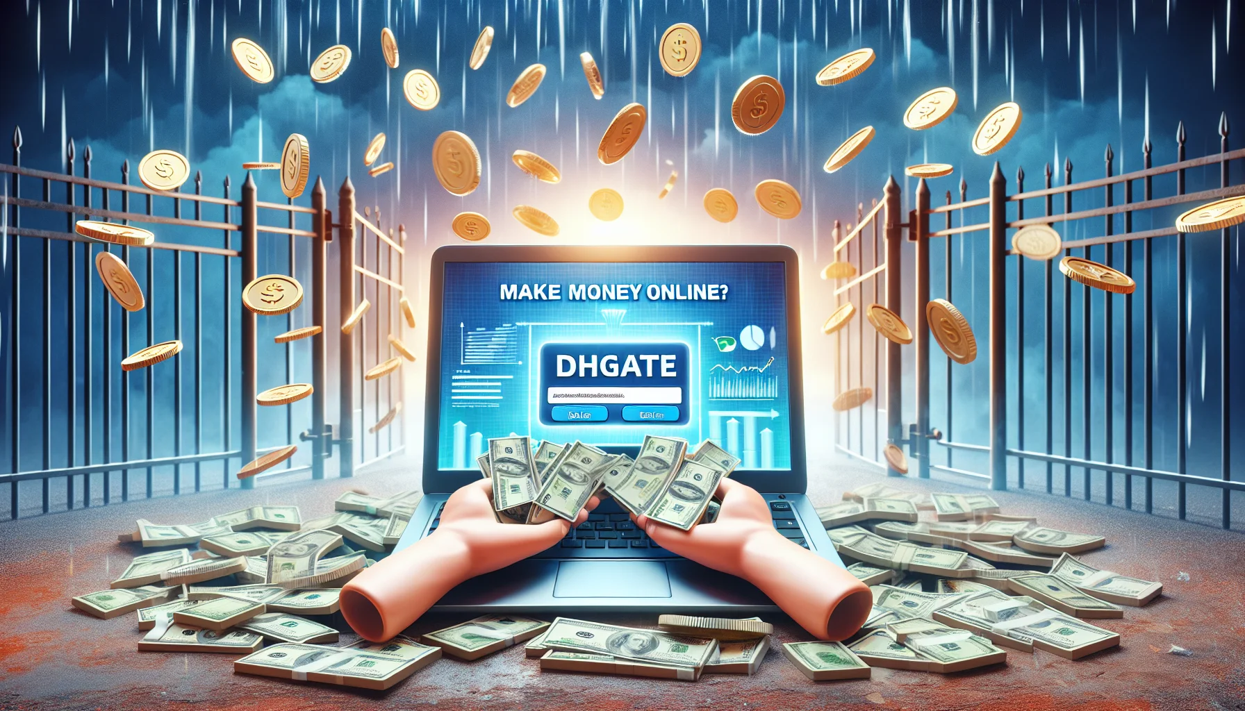 Imagine a humorous yet realistic scenario related to the concept of making money online. In the center of the scene, visualize a digital laptop screen displaying a sample of an affiliate program, with the name 'dhgate' written clearly. Surrounding the scenario are indications of successfully earning income online. Perhaps there are digital coins raining down on the laptop, or some kind of animated chart showing growth and success in the background. The intention should be to portray the exciting and potentially lucrative world of affiliate marketing.