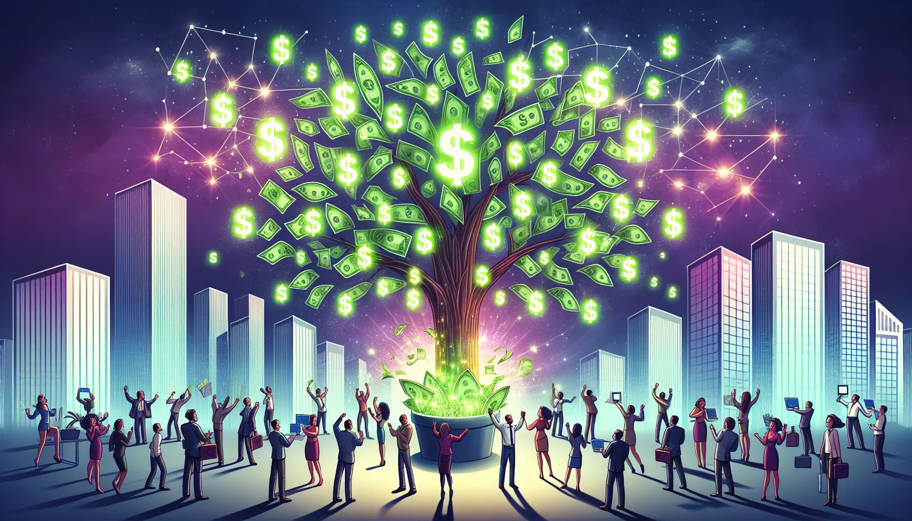 Create an image set in a whimsical, cartoon-like depiction of the digital world. In the foreground, visualize a stylized tree made of glowing, green dollar bills blossoming from the branches. Around this, depict a group of diverse people of different genders and descents excitedly gathering. They represent the online market affiliates, each holding a electronic device signifying their connection to the online world where they make their earnings. In the background, illustrate sleek skyscrapers, symbols of economy and wealth, digitally emerging from a vibrant network of interconnected nodes, representing the worldwide web and online money-making potential.