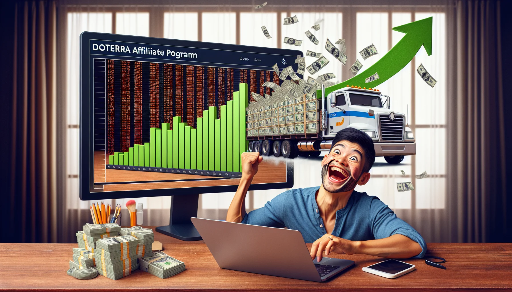 Visualize a humorous but believable scenario symbolizing the doterra affiliate program and its association with online monetary earnings. A computer screen displays an animated bar chart graph rapidly increasing in numbers symbolizing profits. Alongside, there's a caricature of a person with a giddy expression, creating a humorous touch. The person is of South Asian descent and is seen working passionately on their laptop. In the background, a truck made of essential oil bottles, representing doterra, is unloading money. The setting should be in a familiar home office setup.