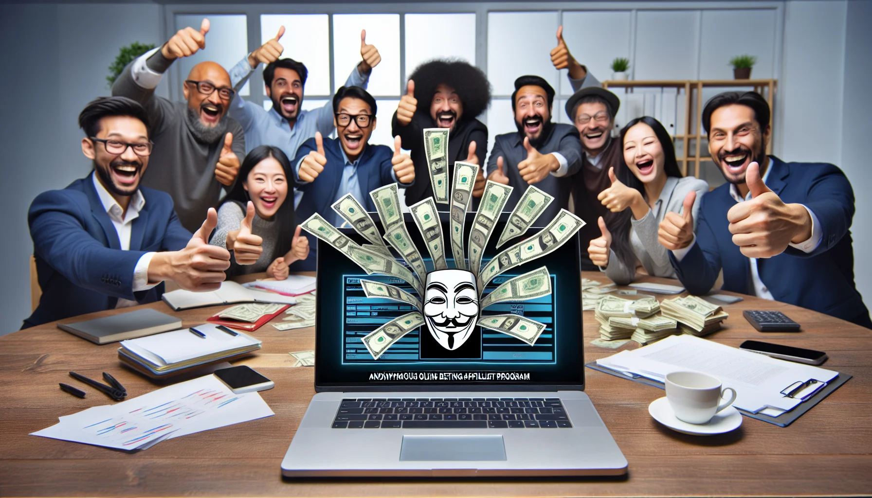 Create a comedic and realistic image showing an anonymous online betting affiliate program being endorsed in an enticing scenario related to making money online. Imagine a laptop screen displaying high returns. Around the laptop, a multi-ethnic array of people, men and women of Asian, Caucasian, Hispanic, African and Middle Eastern heritage, hold their thumbs up in approval. Paper money appears to be spouting from the laptop screen, and the whole scenario is casually organized in a comfortable and homely office environment.