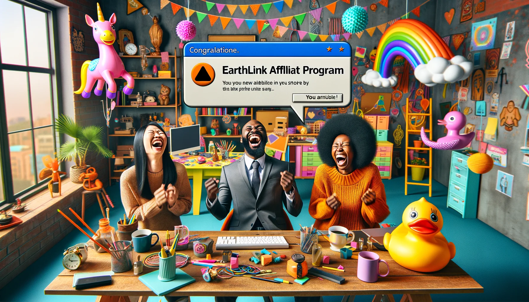 Create an interesting and amusing situation captured through an image, where characters are engaging with the Earthlink Affiliate Program. In the picture, there's an Asian woman and a Black man sitting in a vibrant, funky office filled with random but amusing objects like a giant rubber duck, a rainbow unicorn statue, and a coffee mug shaped like a laughing face. They are both looking at a computer screen, bursting into laughter. On their screen, an hilariously over-sized notification bubble is popping up, announcing their new status in the Earthlink Affiliate Program with a cheesy, congratulatory phrase.