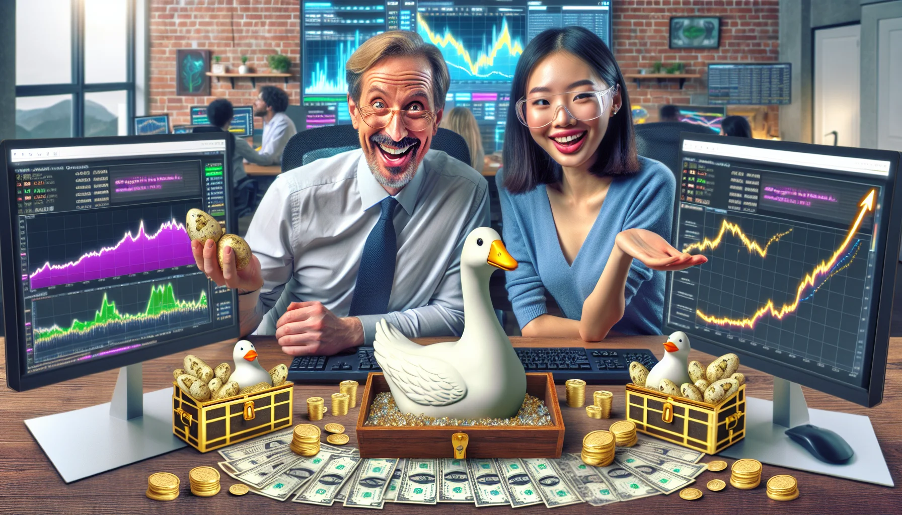 Generate a humorous, realistic image featuring a mid-age Caucasian man and a young Asian woman, both portrayed as e-affiliate marketers. They're in a bustling, creative home office space, surrounded by multiple monitors displaying graph charts and various currencies. They are cheerfully watching the monitors which are showing a continuous increase in their online earnings. The Caucasian man is holding a golden goose laying eggs made of dollar bills, symbolizing their successful online revenue. To make it more enticing, let there be a glowing digital treasure chest filled with coins and gems on their desk, symbolizing the wealth generated online.