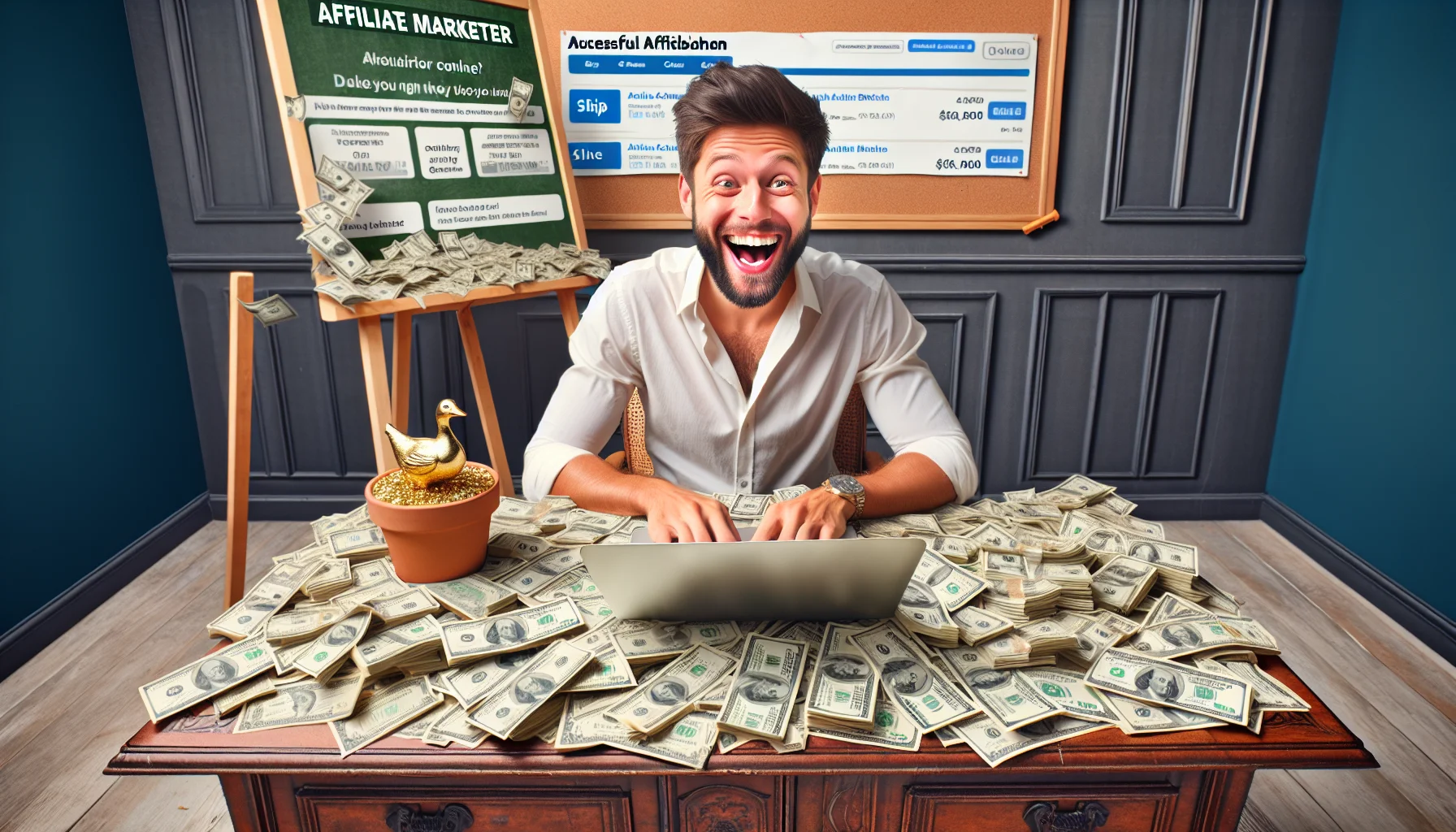Create a humorous, realistic image depicting an affiliate marketer, a Caucasian male in his late twenties with a beard, sitting at a vintage wooden desk. He's in a room filled with piles of dollar bills, symbolizing the money he's made online. He's overjoyed with a wide grin on his face, typing on a laptop that displays a successful affiliate dashboard. Behind him is a corkboard displaying various advertisements. Throw in some elements of surprise such as a money tree growing from a pot next to his desk and a golden goose on top of the downpour of cash.