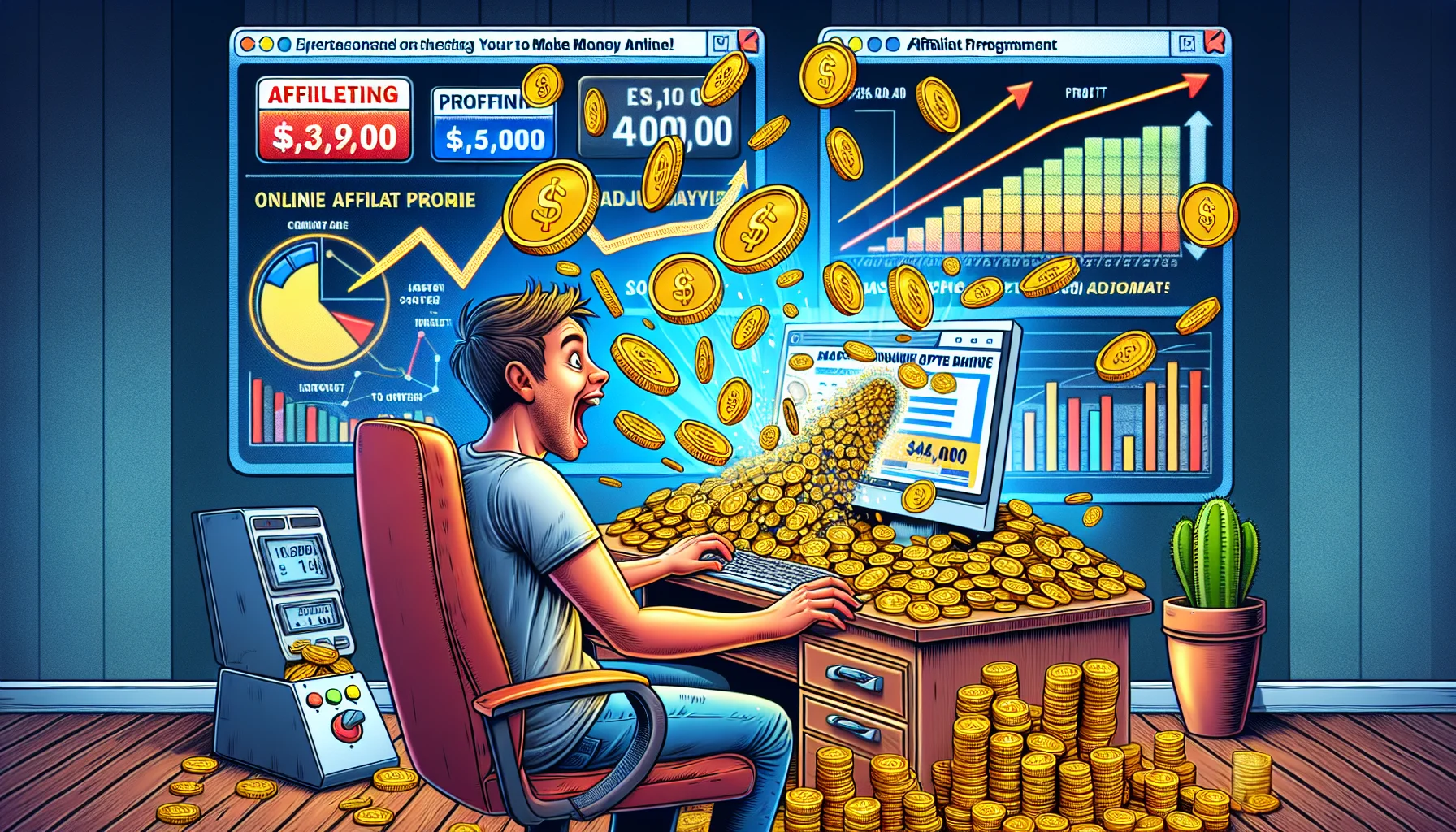 Generate an image in a realistic style, showing a humorous scenario related to an online affiliate program, depicted in a way that entices users about the possibility of making money online. The scene features a person sitting in front of their computer at home, with an excited expression, as digital coins start to overflow from the computer screen. Around them, elements of a successful online business are humorously exaggerated: meters showing climbing website traffic, charts with sky-rocketing profit numbers, and a banner overhead proudly declaring the success of the affiliate program.