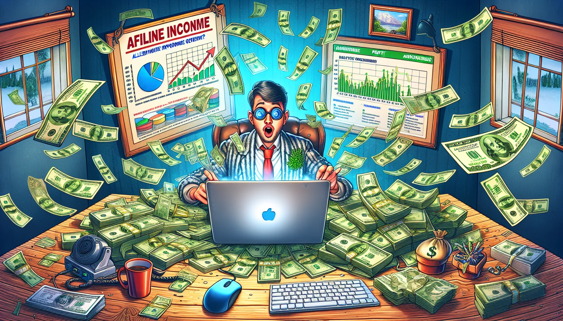 Imagine a humorous, true-to-life scene related to online income generation. An affiliate marketer of ambiguous descent is sitting at a home office overflowing with dollars notes, laptop open to a screen displaying healthy profit charts. The scene shares a blend of surrealism with a hearty touch of tropes seen in cartoons, ensuring the mood remains light and intriguing. The marketer who is also of ambiguous gender, wears a comic expression communicating their astonishment and joy at the money literally flooding out of the computer screen. Don't forget to include little details such as the mouse, keyboard, and coffee mug, to add a dash of realism.