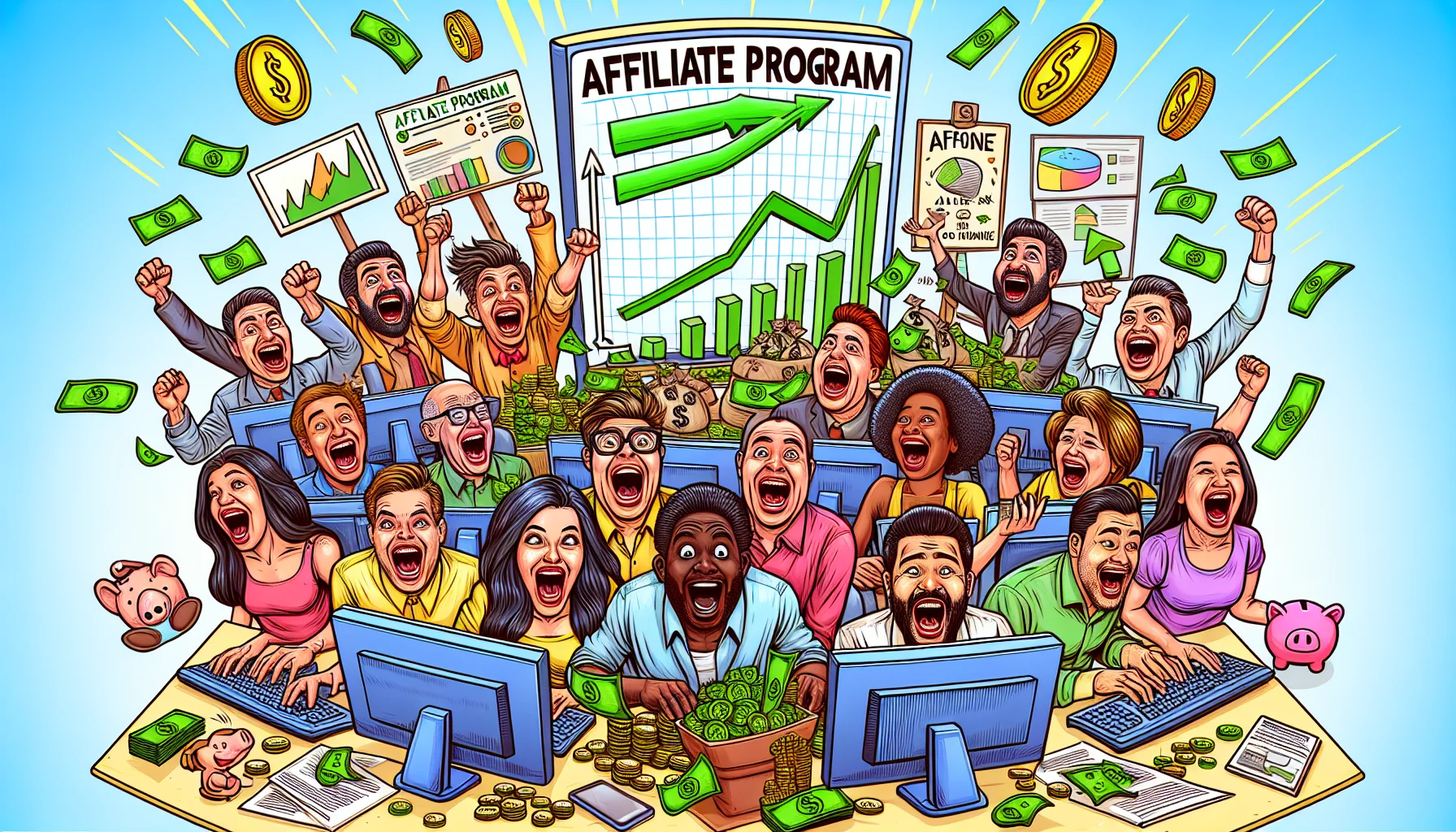 Draw a humorous scene showing an affiliate marketing program in an enthralling context tied to online wealth creation. The image comprises an array of men and women from varied descents like Caucasian, Hispanic, Black, Middle-Eastern, South Asian. They are sitting in front of computers with exaggerated expressions of joy. On their screens are charts/graphs indicating rising profits in vibrant green tones. There is a signboard with the words 'Affiliate Program' and dollar signs hovering over the computers, depicting the concept of earning online. The background is scattered with lighthearted elements like a piggy bank, gold coins, and money stacks.