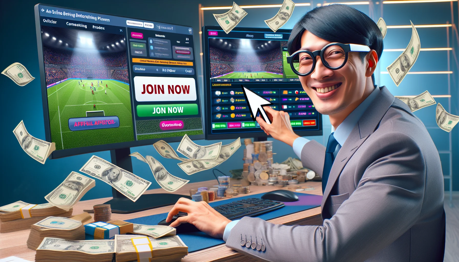 Create a humorous yet realistic image of a person acting as an affiliate for an unspecified online betting platform. This person, an Asian male in his 30s with a friendly smile and glasses, is sitting at a contemporary office setup. He has multiple screens displaying various sports games, a pile of banknotes clearly visible on one side of his desk, and an oversized mouse pointer hovering over the 'Join Now' button on one of his monitors. The screens are making the room glow with a mixture of bright and dramatic colors, signifying the excitement associated with online betting platforms and potential earnings.