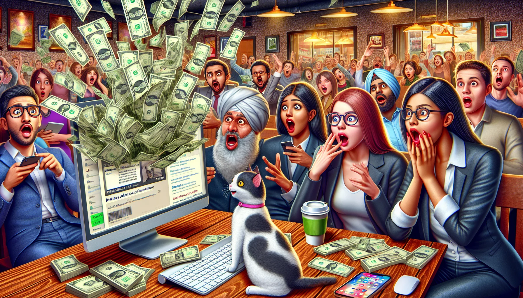 An amusing realistic scene showcasing an unidentified online affiliate program related to making money. The scene depicts animated dollar bills flying from a computer screen in a crowded coffee shop. A group of people, consisting of two South Asian women and a Middle-Eastern man, are seated around the computer with wide-eyed reactions and open mouths, stunned by the overflowing digital wealth. Additional hilarious elements, such as a cat chasing a digital dollar, infuse humor into the scene.