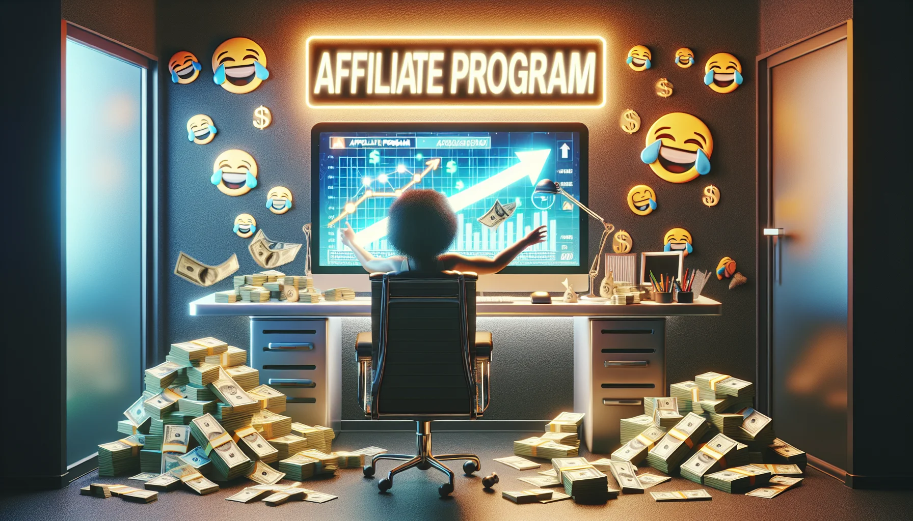 Visualize a humorous realistic scene relating to an online money-making platform affiliate program. Picture a person sitting at an ultra-modern, sleek computer station. The screen displays a montage of dollar symbols, indicating the profitability of the endeavor. Their excitement is showcased by stacks of play money piling up around the desk and a chart with an upwards arrow on the screen. Make sure the ethnicity of the person is Black and the gender is female. A neon sign above the desk says 'Affiliate Program', shining brightly amidst the laughter emoji decals on the wall.