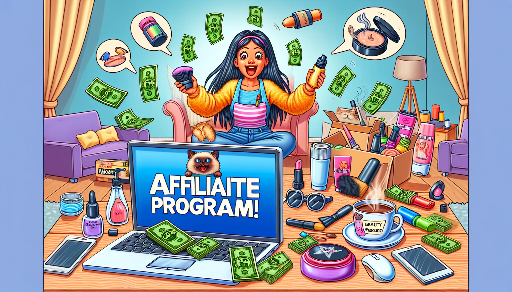 Imagine a humorous image depicting an affiliate marketing scenario. The main character is a female South Asian individual who is excitedly working on her laptop at home. On her screen, you can see the words 'Affiliate Program'. Surrounding the laptop are beauty products that are not brand-specific. There are also things typically related to an online entrepreneurial lifestyle such as a cup of coffee filled with dollar bills, a virtual currency symbol hovering over her head, and a cat snoozing in the background.