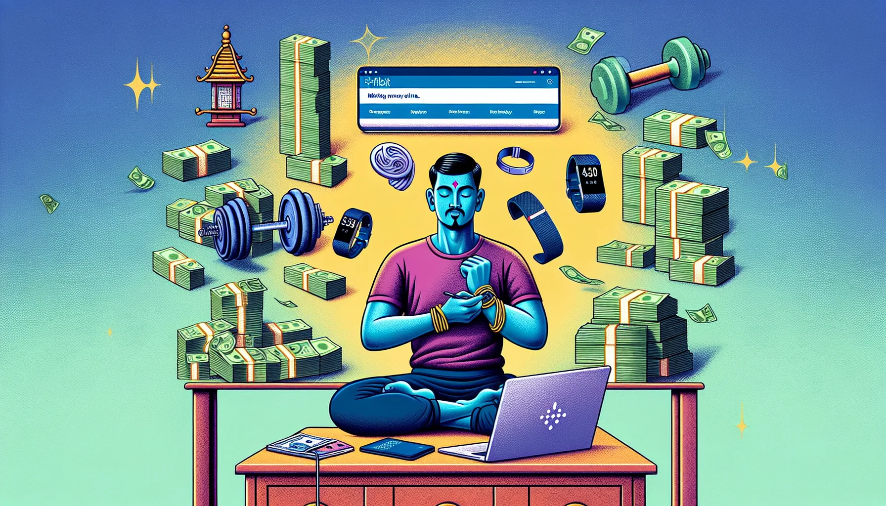 Envision an enticing and humorous scene related to making money online, featuring a lifestyle focused on fitness and health. In the center, a character meticulously organizes stacks of bills on a table in front of a laptop displaying a Fitbit homepage. The character, a South Asian male, exudes a touch of absurdity by wearing multiple Fitbit devices on both arms, while simultaneously attempting some light yoga stretches. Around him, humorous elements related to fitness and well-being, like dumbbells serving as paperweights, reflect a larger, lighthearted narrative of profuse lucrative prospects with a Fitbit affiliate program.