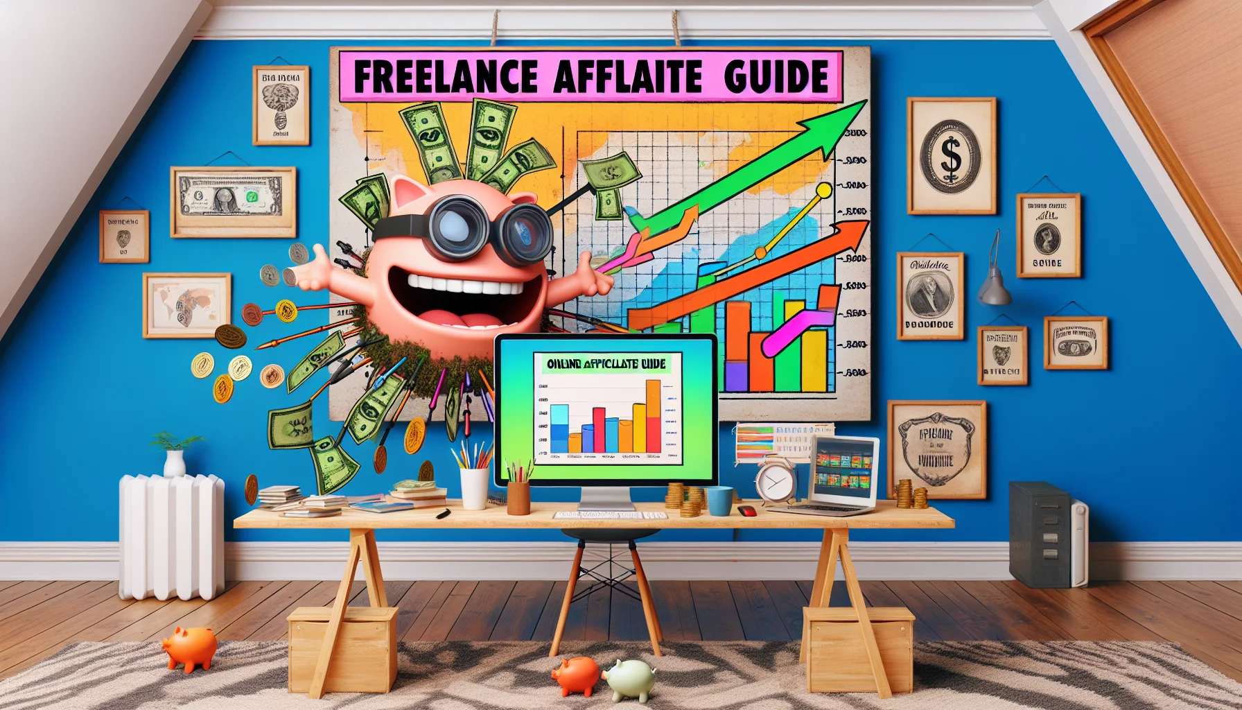 Imagine a humorous, realistic setup related to online income generation. The center of this scene is a colorful infographic - a 'Freelance Affiliate Guide'. This guide is animated and bears a wide grin, enthusiastically pointing towards a chart showing rising revenues. It's surrounded by a typical home setting, symbolizing a home office. Around the guide, imagine several visual metaphors associated with internet moneymaking - a laptop spewing out coins, an elaborate network of wires linking to piggy banks. On the background wall, hang a few frames depicting currency signs from around the world for an international touch.