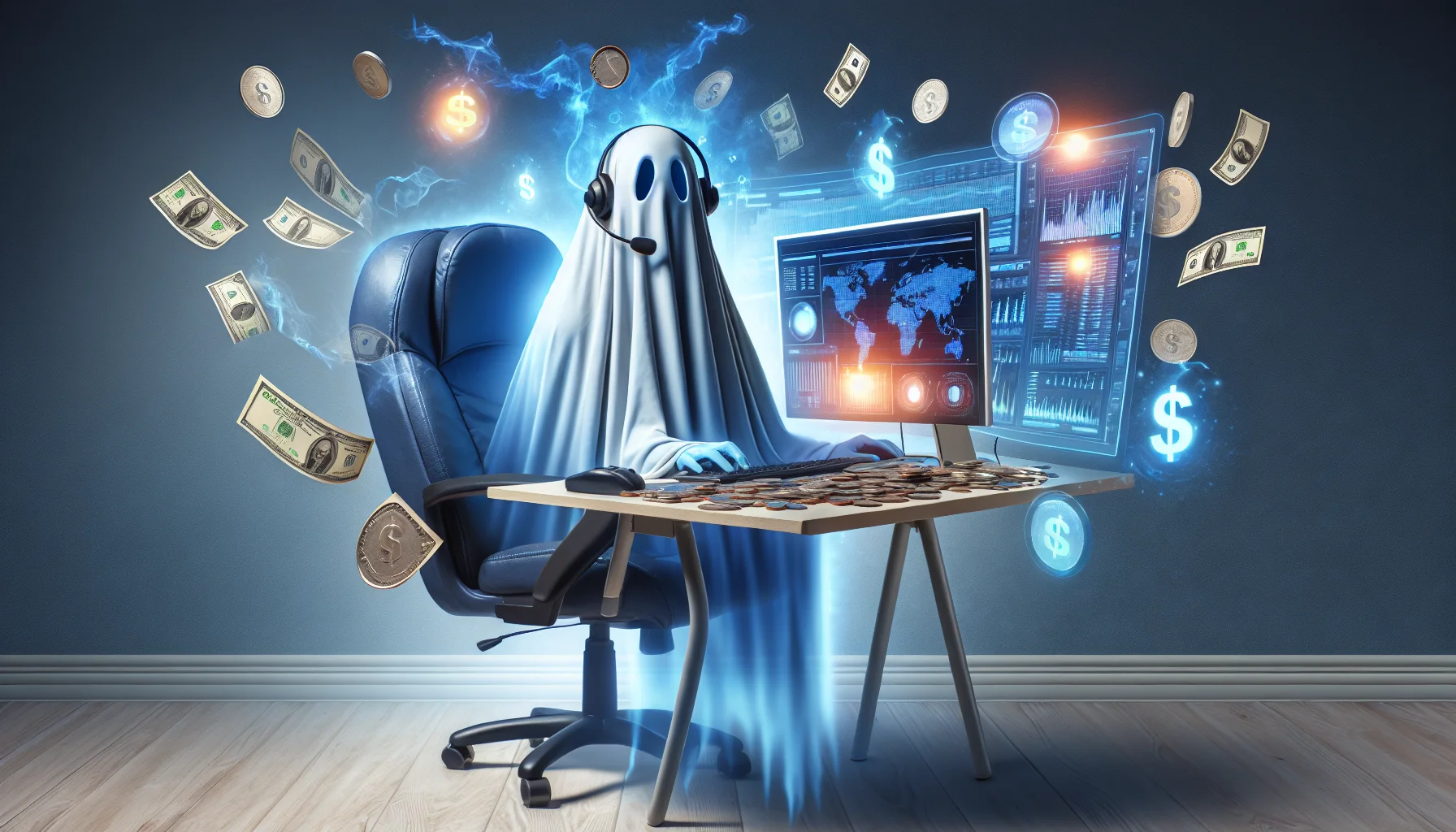 Imagine an amusing and realistic illustration of a spectral-themed affiliate program. Picture this in a scenario related to online income generation. You see an ethereal figure, portrayed as an ordinary, enthusiastic internet marketer in their home workspace, complete with cliché accessories like an over-sized headset and multiple screens displaying graphs and numbers. What makes this figure unique, however, is its ghost-like appearance--semi-transparent, cloaked in a soft, chilling blue hue, and floating slightly above their computer chair. Arrayed before the specter is a whimsical montage with signs of E-commerce success - coins, dollar bills, and glowing screens.