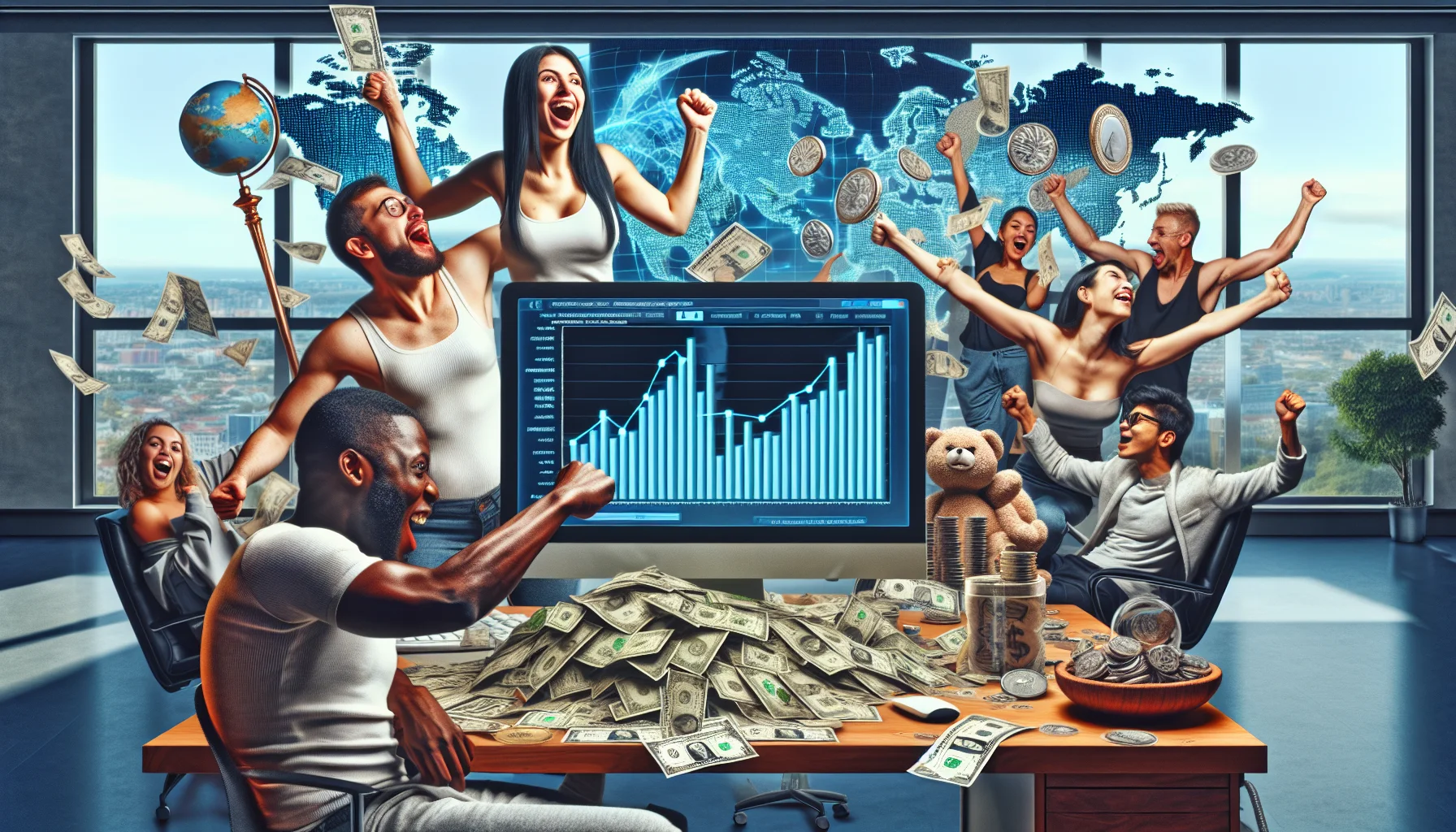 Imagine a humorous scene that demonstrates global affiliate marketers from a variety of backgrounds. In the foreground, a Caucasian female and a Black male are intensely examining a computer screen where a bar chart with rising profits is displayed. On the other side of a modern workspace, a Hispanic male and a South Asian female are animatedly high-fiving, presumably celebrating a successful sale. An extravagant pile of dollar bills and coins, indicative of online earnings, is sprawled on their desk. In the background, a virtual world map reflects their associate connections around the globe.