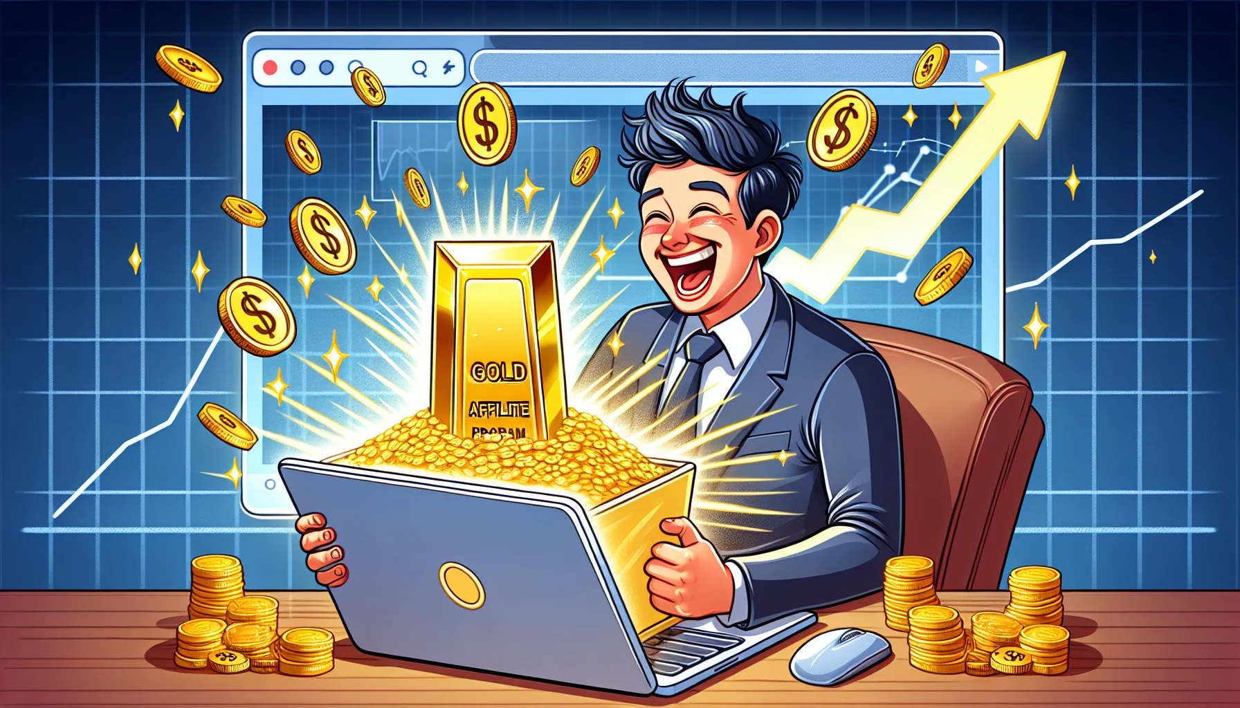 Illustrate a humorous and realistic scenario related to making money online. Show a person of Hispanic descent gleefully working at a laptop, their screen glowing with a representation of a shining gold bar symbolizing the Goldco Affiliate Program. Coins are pouring out from the screen, filling the room. Gold dollar signs orbit the person as if defying gravity. The background includes digital charts climbing upwards, indicating positive financial growth. Note that the depiction should remain neutral and respectful.