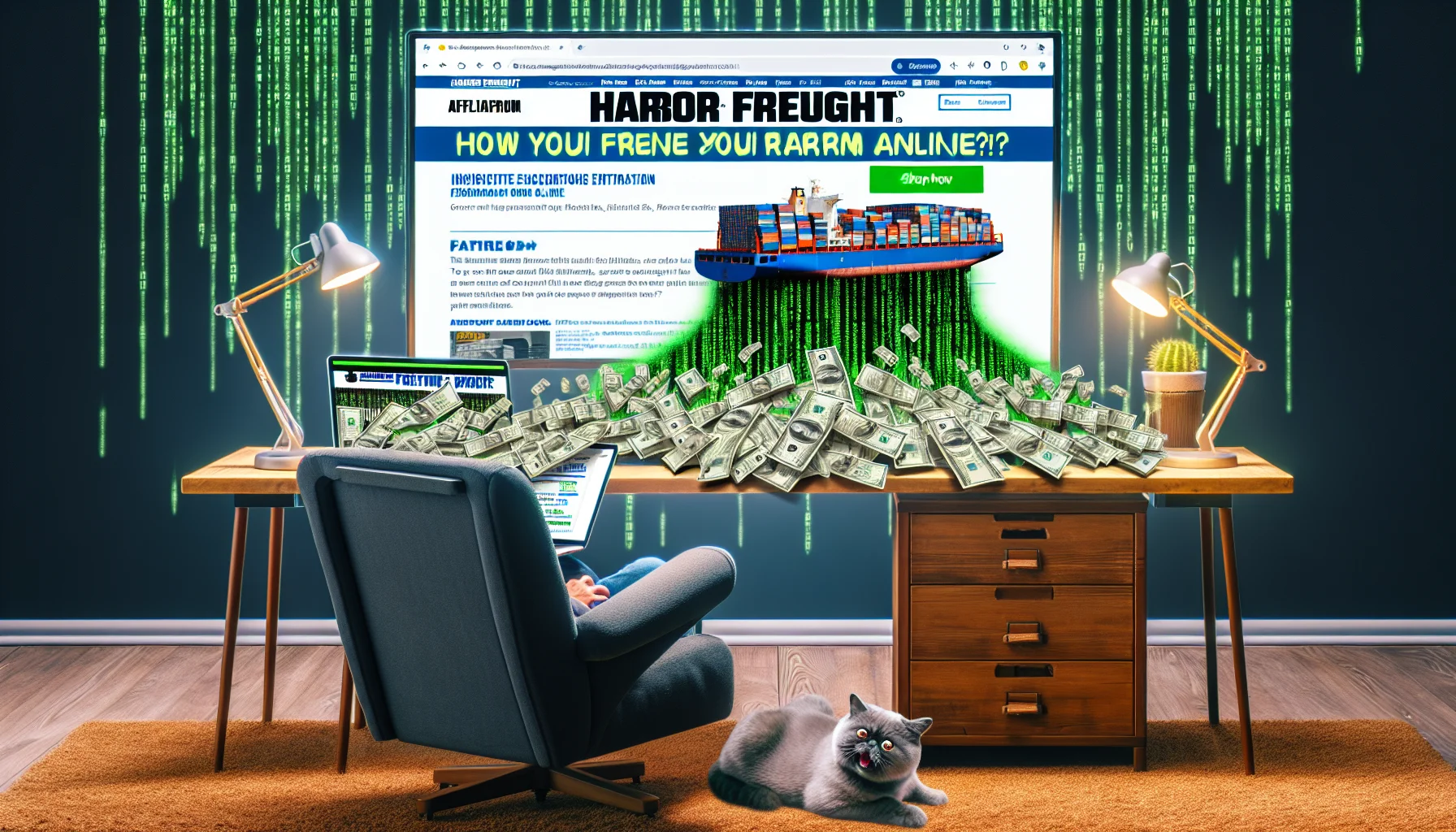 Create an amusing and realistic image that showcases the Harbor Freight affiliate program. Incorporate computer screens displaying infectious enthusiasm about the potential to earn online. Include a stack of dollar bills growing larger as they digitally flow from the computer screens, using a matrix-style binary flow to represent the transmission of money. Surround this setup with an enticing situation, such as a cozy home office setting that includes elements of comfort and relaxation like a plush office chair, a hot cup of coffee, and a purring pet cat at the feet of the office chair. Prominently place the Harbor Freight logo on top of the affiliate partners' webpage on one of the screens.