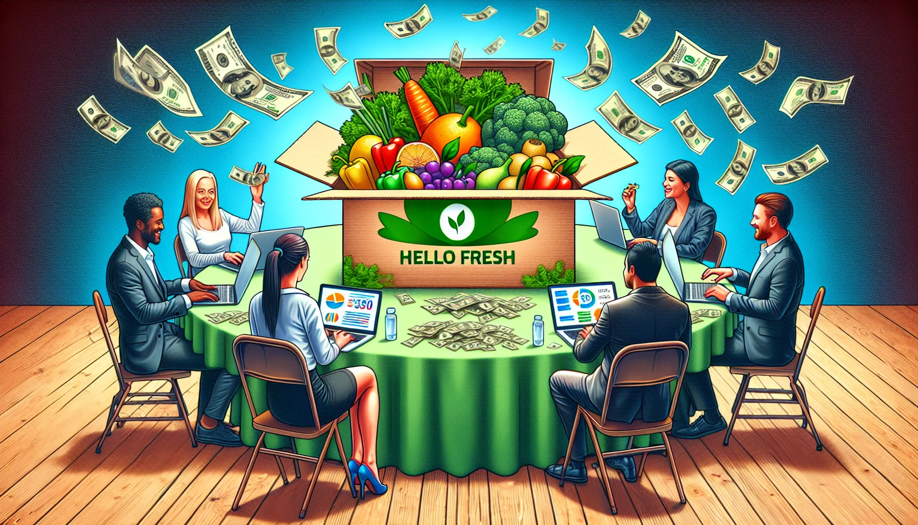 Craft an amusing yet realistic picture to represent an imaginary affiliate program similar to Hello Fresh. The scene is set in an online money-making context. It displays a diverse group of people; a Caucasian woman and a Hispanic man sitting at a round table, operating their laptops. On their screens are vibrant graphics denoting impressive earnings. In the center of the table, there's a box full of fresh ingredients with a brand logo that has a green leaf and an orange carrot. Dollar bills are playfully fluttering in the air, creating a lively atmosphere suggesting potential monetary gains.