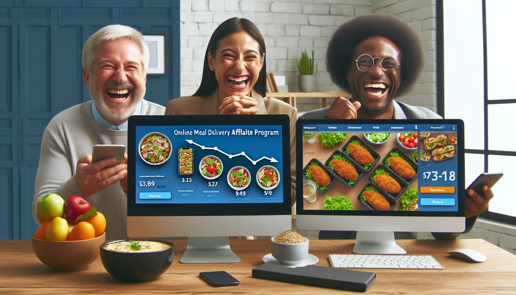 Create a humorous and realistic image focused on an online meal-delivery affiliate program. Picture it as being engaged in a delightful and attractive scenario related to online income generation. Show a synced computer display with increasing numbers, resembling growing revenue, and a second screen featuring the meal delivery platform's user-friendly interface with an assortment of healthy mouthwatering meals. Include diverse individuals, a middle-aged Caucasian man and a young Black woman, both smiling while engaging with the platform on their devices.
