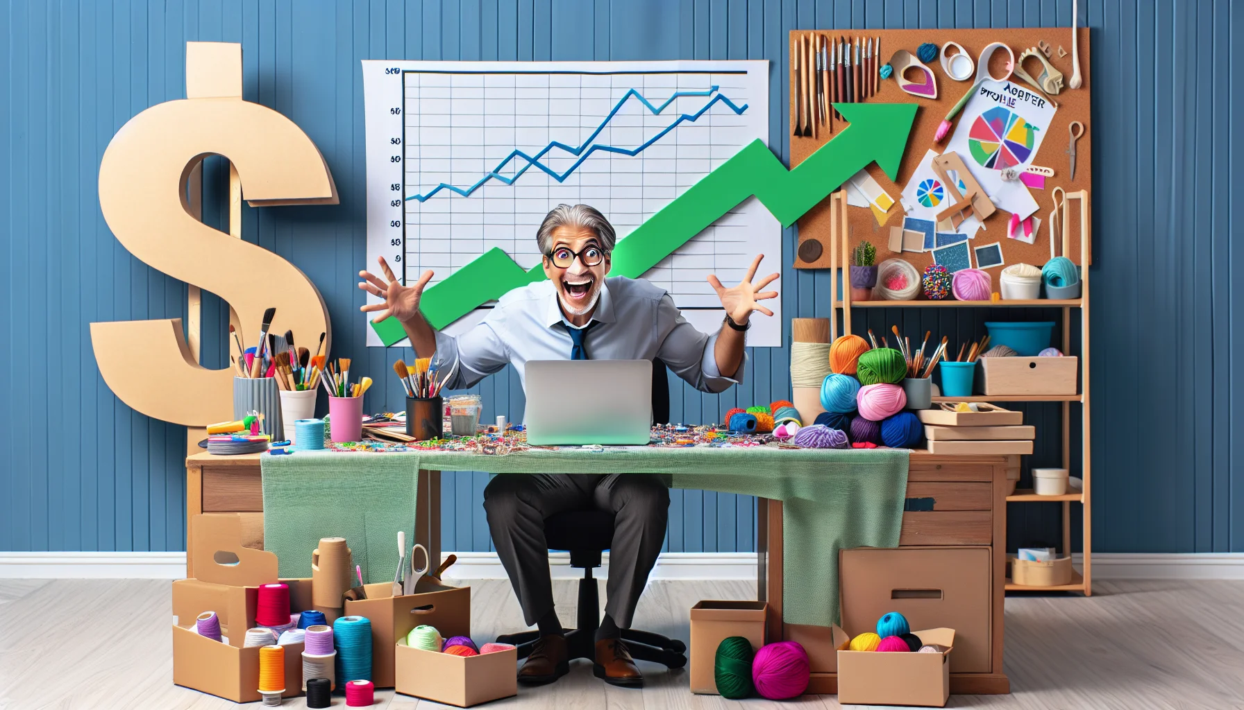 Create a comical and realistic scene associated with an online arts and crafts supply affiliate program. Visualize an eager and excited, middle-aged, Caucasian man sitting at a desk with a computer screen displaying graphs of rising profits. His home office is cluttered with craft materials - multi-colored yarns, paintbrushes, glue sticks, and wooden frames. Nearby, there's a table showcasing various completed DIY craft projects, demonstrating the products from the craft retailer. An oversized, lighthearted dollar sign hangs in the background, symbolizing the potential of earning money online through the affiliate program.