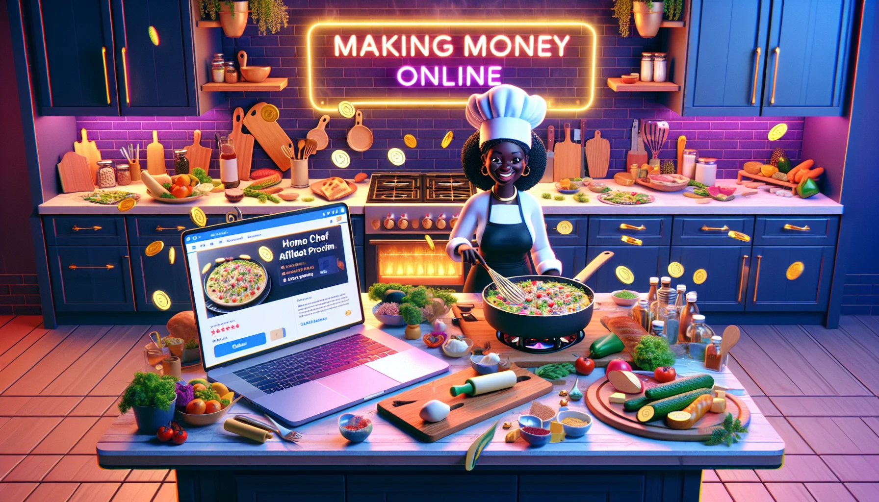 Imagine a lively scene set in a modern kitchen. In the midst of the bustling activity, a cheerful Black female chef is preparing a mouth-watering dish. Chopping boards, cooking utensils, and various food ingredients are scattered around enhancing the 'home-soil' feeling of the scenario. Meanwhile, an oversized laptop sits on the kitchen counter, highlighting an advertisement for a Home Chef Affiliate Program. On the laptop screen, animated gold coins are popping out as though indicating potential earnings. The atmosphere teems with promises of 'making money online' - there is a large neon sign hanging above that captures this phrase in bold, glowing letters.