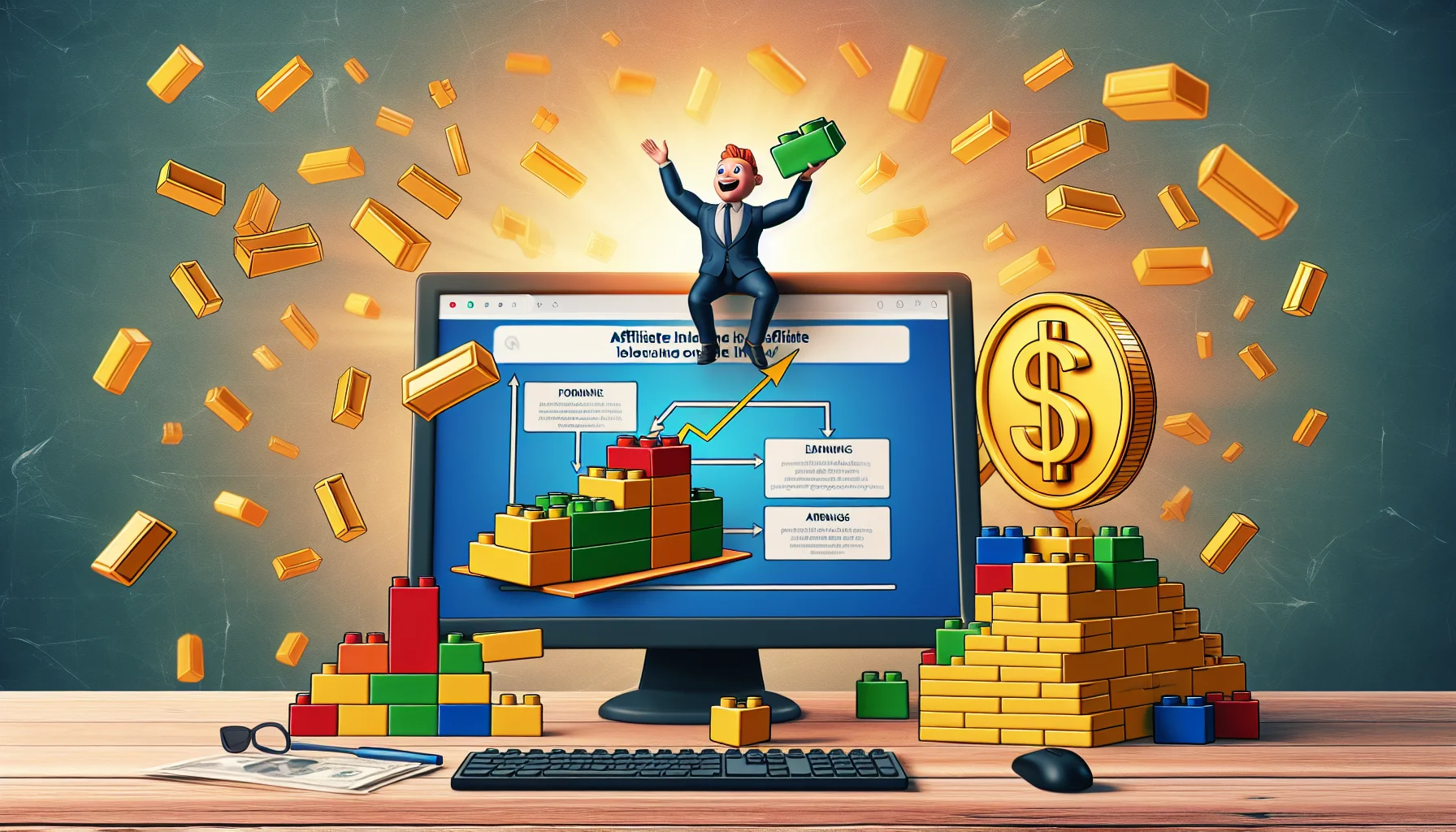 Generate an amusing, realistic depiction of a scenario related to online income generation. Specifically, visualize a step-by-step guide on becoming a block-building toy affiliate. The scene might include a computer screen displaying an easy-to-understand flow chart, a cartoonish figure joyfully navigating the process or a giant gold coin symbolizing earnings. This narrative should help audiences connect with the sense of fun and potential prosperity that comes with affiliate marketing in the block-building toy sector.