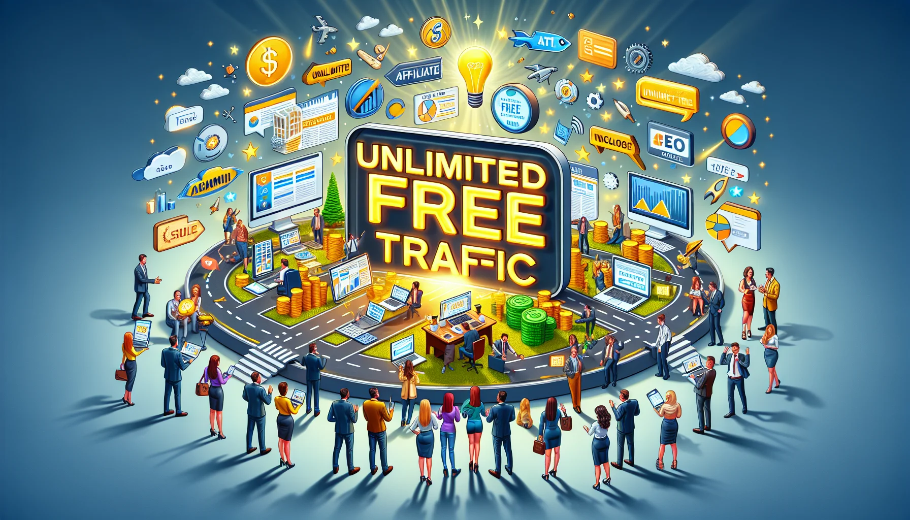 Create a humorous, real-world illustration of a hypothetical scenario relating to online income generation. The centerpiece of the image should be a large sign that reads 'Unlimited Free Traffic' and casts a bright, inviting glow. Surround it with visual symbols of digital marketing such as affiliate links, social media icons, an ecommerce store, and SEO tools. On one side, depict a diverse group of individuals animatedly discussing their strategies, sharing laptops and tablets to show charts and figures. The atmosphere should be akin to an active online market, with everyone hustling and bustling to turn their digital efforts into gold.