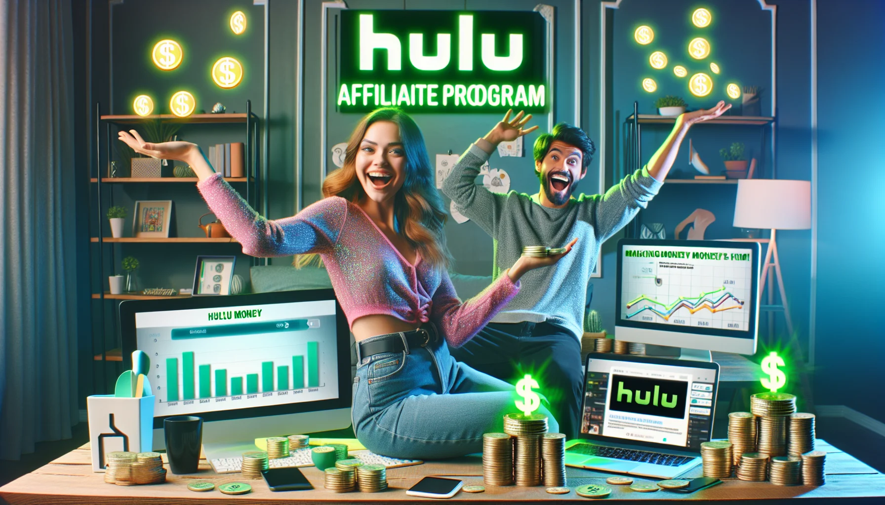A captivating and humorous scene related to making digital money online. In the foreground, a young Caucasian woman is sitting on a stack of virtual coins at her computer desk, while a Hispanic man in the background is cheerfully juggling digital money icons. They're in a stylish yet quirky home office with a glowing 'Hulu Affiliate Program' neon sign hanging on the wall behind them. The variety of digital devices open on the table display graphics signifying increasing profits and streaming viewership. The overall mood is upbeat, suggesting making money through the program is fun and achievable.