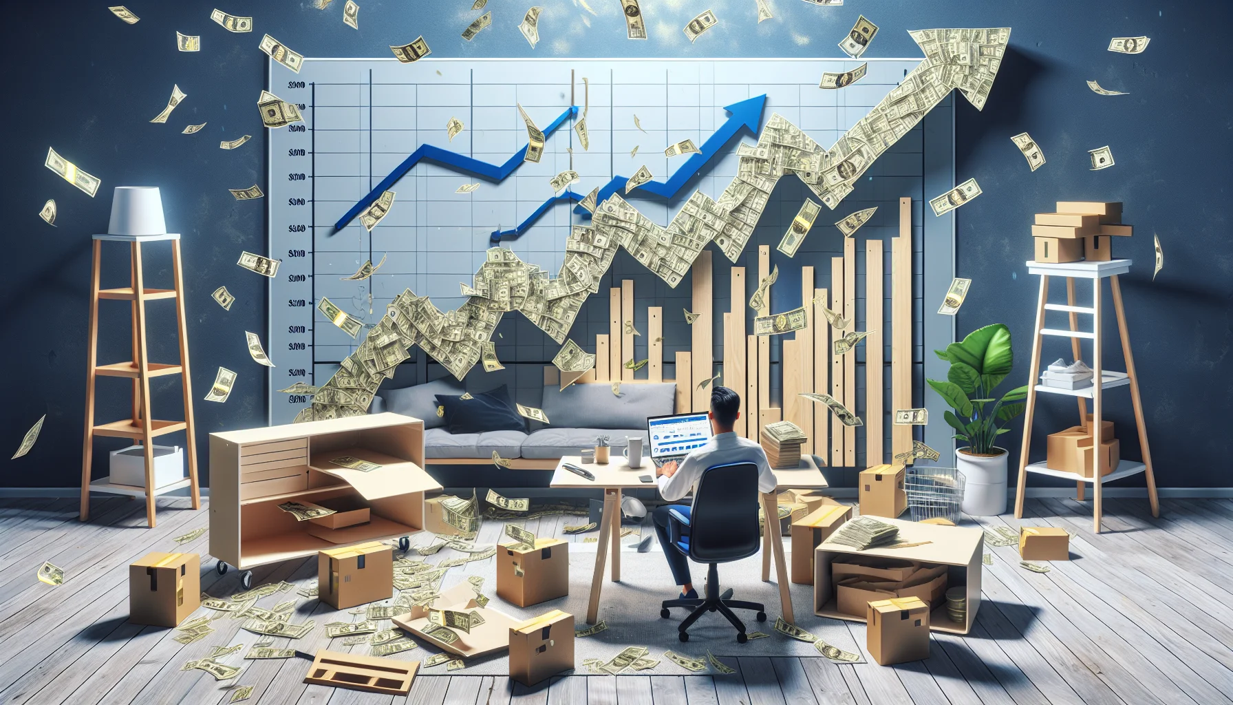 Generate a humorous yet realistic illustration showcasing an affiliate program of a generic but recognizable flat-pack furniture retailer, similar to IKEA. The scene artistically captures a person of Hispanic descent, sitting at a well-organized home office with a laptop, showing earnings shooting up on a graph on the screen related to the online affiliate program. Banknotes are falling like leaves around the room, and flat-pack furniture items are whimsically coming to life, assembling themselves. The scenario enhances the allure of earning money online in an engaging and captivating manner.