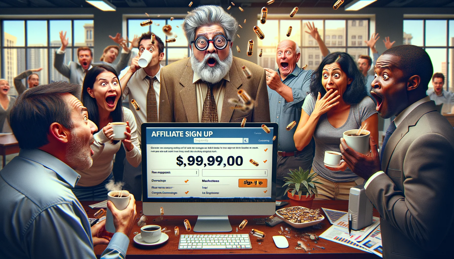 Generate an lighthearted, humorous image involving a comic representation of an affiliate marketing sign-up. The setting is a busy marketing office bustling with activity. Include a middle-aged, South Asian man standing in front of a large computer screen with a look of surprise on his face. The computer screen clearly displays an affiliate sign up page with an exceptionally high number of sign-ups being updated live. Around him, his colleagues, a young Caucasian woman, and an elderly Black man, react hilariously, one dropping her coffee in surprise and the other letting his glasses slip off his nose. All of them are laughing and celebrating their success.