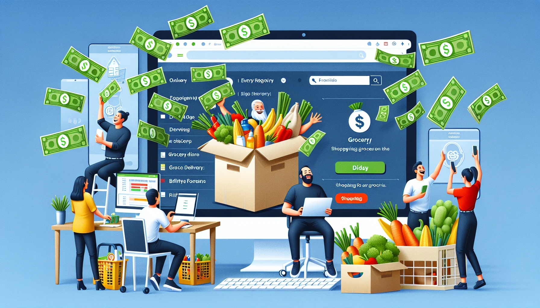 Design a engaging and humorous image that represents an online affiliate program similar to a grocery delivery service. This can include images of people counting stacks of money they earned online, while shopping for groceries on their computers. The scenario should depict the lucrative prospects of said program in a realistic setting. This scene unfolds within a modern workspace with tabs open showing the grocery website and performance metrics. Also include diverse range of individuals of different genders and descents including Caucasian, Hispanic, and Asian, rejoicing over their online earnings.