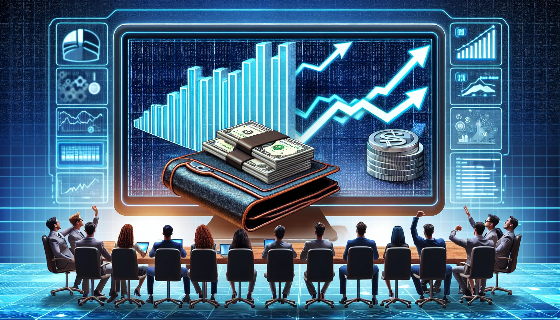 Generate an amusing, realistic image that showcases an exciting scenario related to 'High Ticket Affiliate Marketing'. The scenario unfolds in a high-tech virtual environment, reflecting the theme of making money online. There's a computer screen displaying multiple ascending bar graphs symbolizing profit increases over time and a digital wallet overflowing with virtual coins. Around the computer screen, there are several well-dressed individuals of diverse ethnic descents and genders, looking at the monitor excitedly as they see the possibility of earning a significant income through affiliate marketing.
