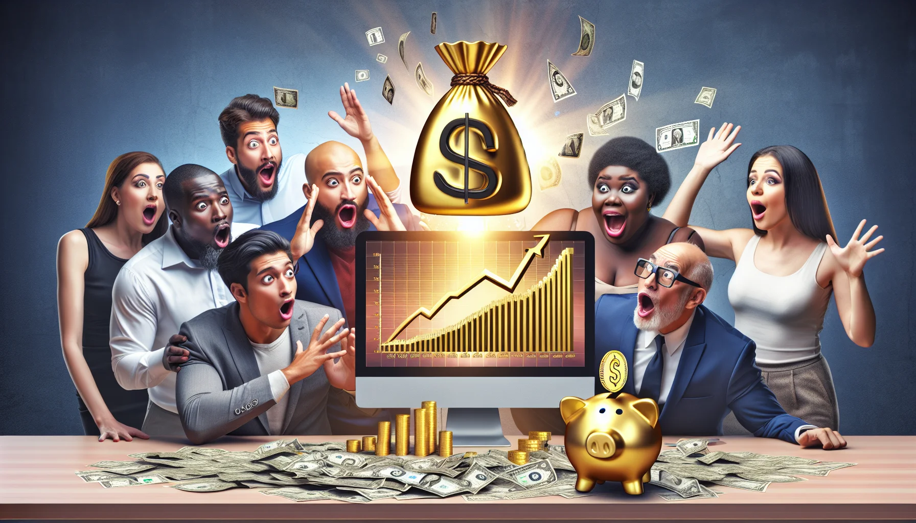 A humorous and realistic image featuring the concept of an affiliate program named 'Jasper', represented as a golden logo. In the background, potential online earnings are symbolized by a computer screen displaying a rising graph of profit with dollar signs. Nearby, a crowd of diverse people— a Middle-Eastern man, a Hispanic woman, a Black woman, a South Asian man, and a Caucasian man, all of varying ages—watch in astonishment and joy. Their expressions reflect surprise and excitement about the potential earnings from the program. To heighten the humor, a small piggy bank stands on the table, gobbling dollar bills from a pile next to it, suggesting the high potential for savings.