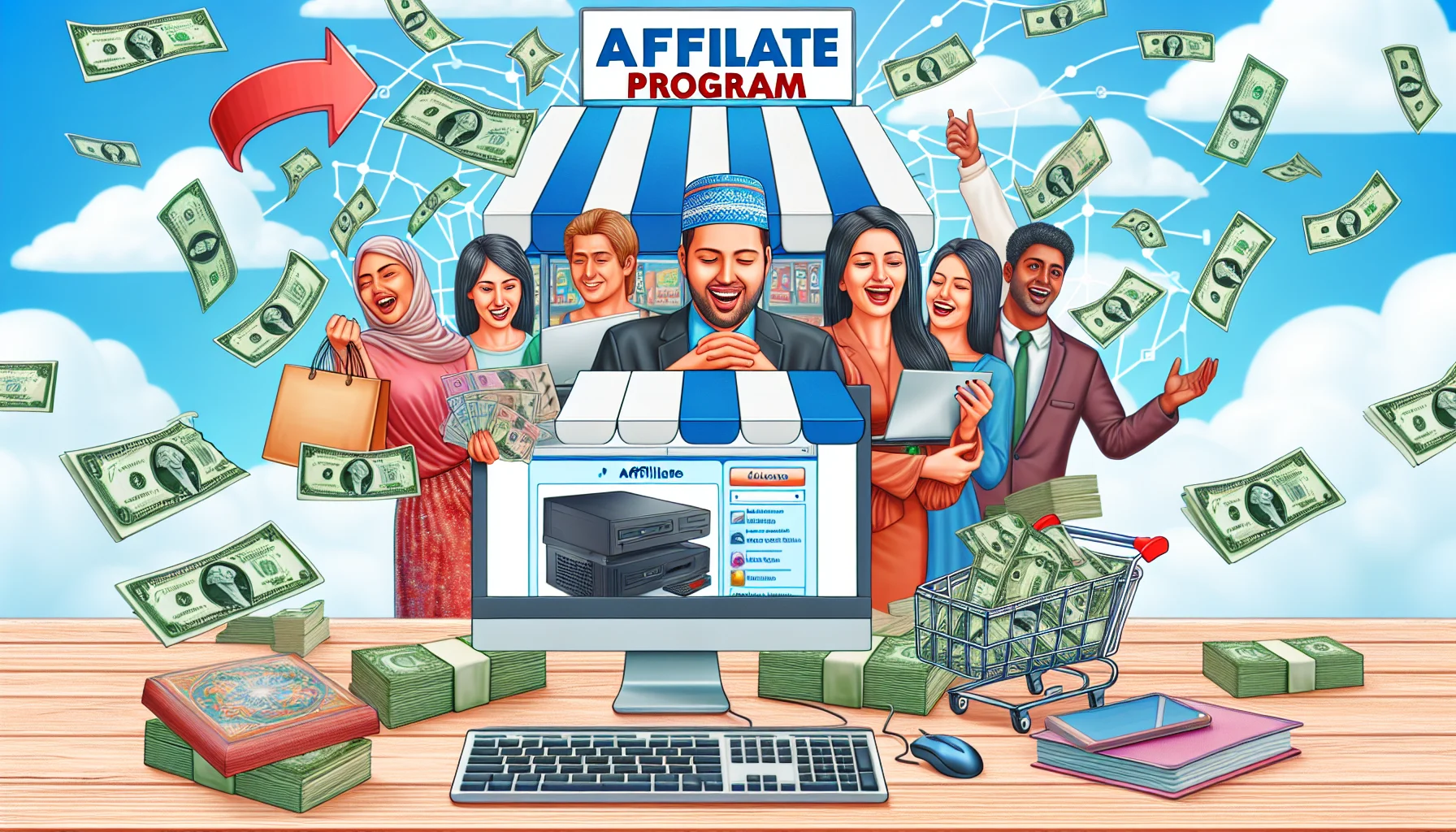 Create a humorous and realistic scene depicting an affiliate program in a general retail setting, enticingly linked to the concept of making money online. This may include graphics of computers, online transactions, and a flow of money stemming from a retail shop to online users. People participating in the affiliate program could be diverse, including a Middle-Eastern woman looking at her computer with pleasure, and South Asian man joyfully counting online money.