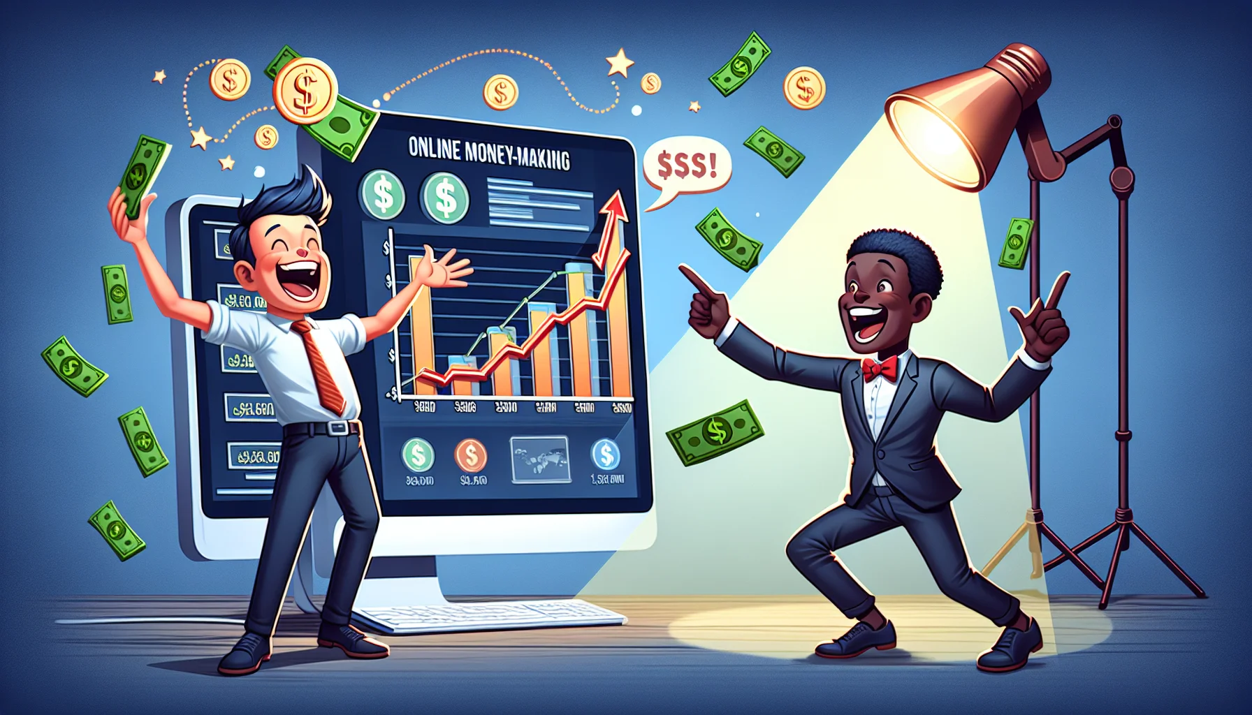 Depict a humorous and convincing scenario related to online money-making. Use symbols and elements that are typically associated with affiliate marketing programs, such as a person ecstatically pointing towards a computer screen displaying impressive revenue charts, peppered with dollar signs. On the other side, illustrate someone explaining the scheme with big gestures and a spotlight. Reflect a lively atmosphere and make sure that both characters have different gender and race: one a Black female, and the other a Caucasian male.