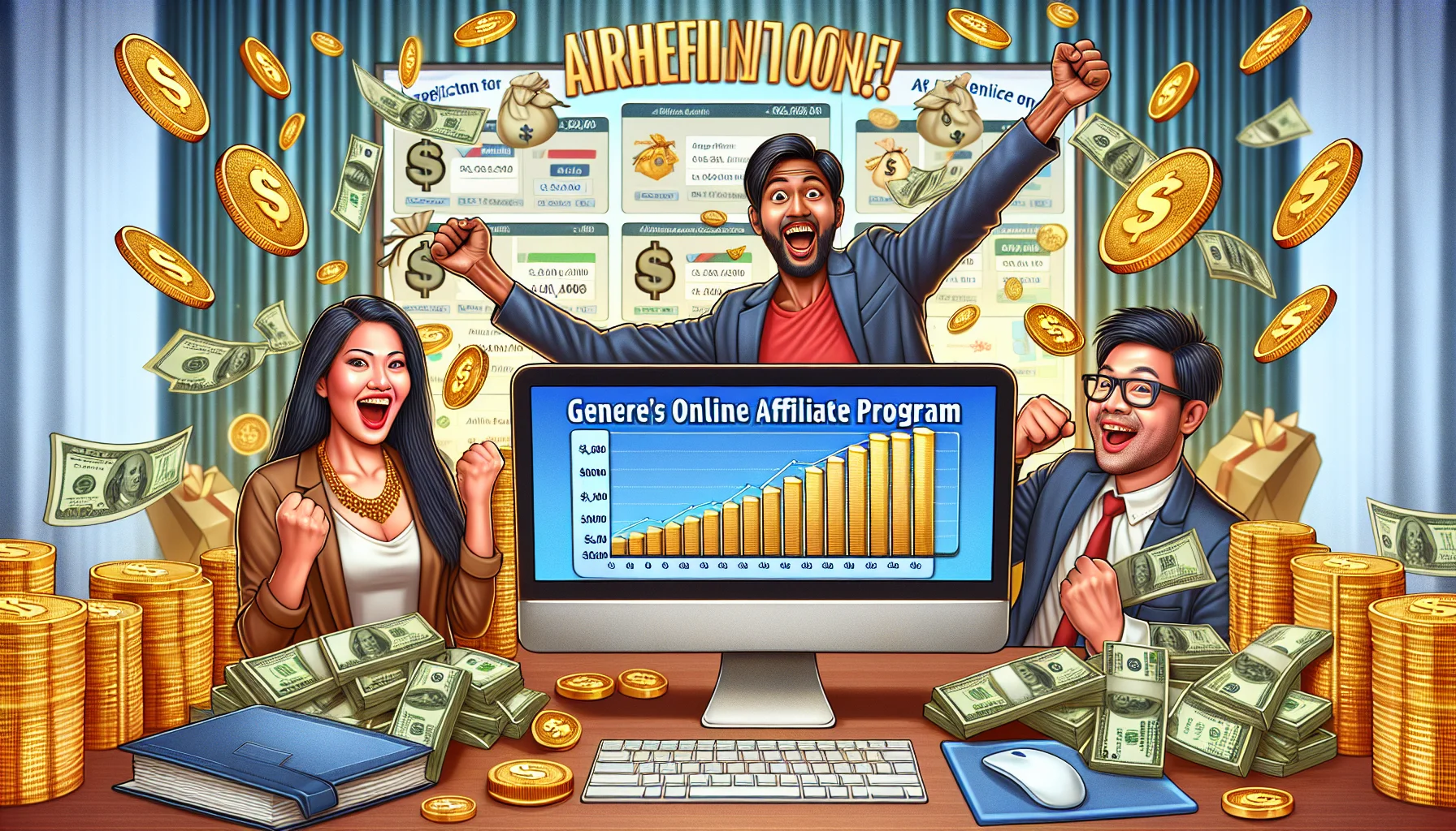 Generate a humorous, realistic image depicting a generic online store’s affiliate program. The scene illustrates an enticing scenario of making money online. Show a computer screen displaying increasing income stats. In the foreground, a South Asian woman and a Hispanic man, both successful affiliates, joyfully celebrate their earnings. The atmosphere is full of prosperity symbols like gold coins, dollar signs, and bulging wallets. The overall tone of the image suggests that the participation in the affiliate program can be profitable and amusing.