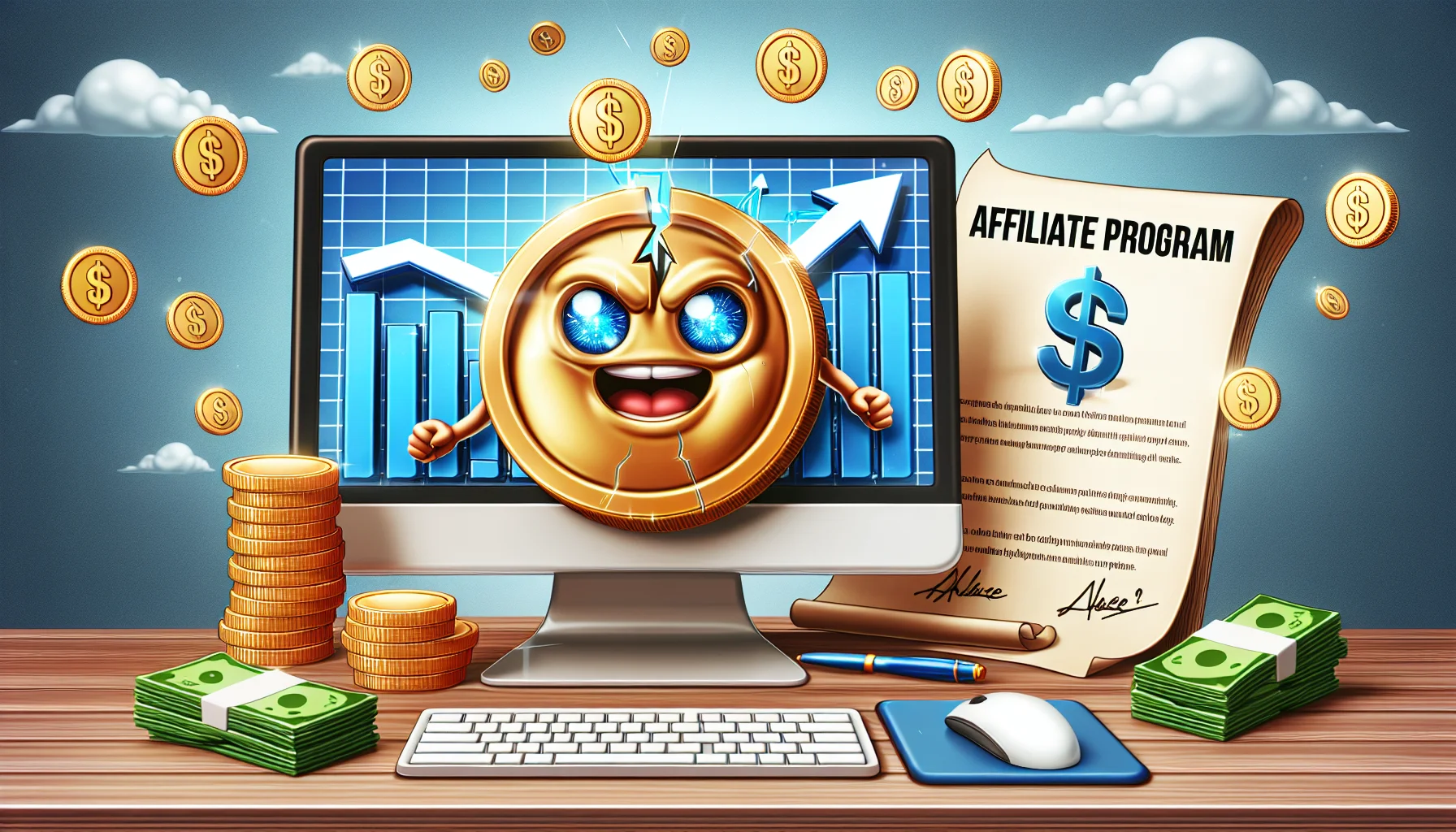 Create a comical and realistic scene related to online income generation, featuring the concept of an affiliate marketing program. The scene could show a computer screen displaying skyrocketing graphs to denote increased profits with a shiny coin icon, intermittently flashing in a catchy manner, symbolizing monetary earnings. Nearby, there can be a comically oversized contract with 'Affiliate Program' written on it, signifying the importance of legality in online money-making practices. All elements in the scenario should be visually appealing to show the enticing nature of the affiliate program.