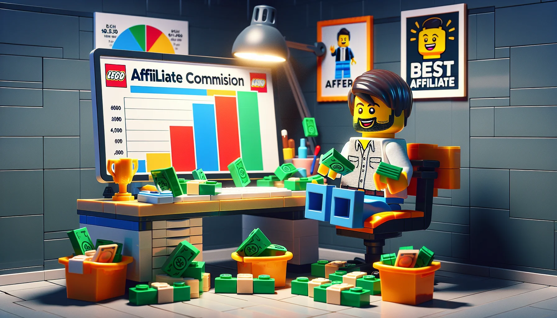 Create a humorous and realistic image embodying the concept of Lego affiliate commission. Picture a Lego character in a modern workspace, sitting at an ergonomic desk piled with Lego money. Visible on the computer screen should be a colorful bar chart with increasing revenue. Around the room, you can see motivational posters related to online earnings and a small Lego trophy for 'best affiliate'. Lighting should be adequate, symbolizing a promising work environment. Our Lego character can be Caucasian, sporting a neat beard and wearing a casual shirt, looking excited as he counts his earnings.